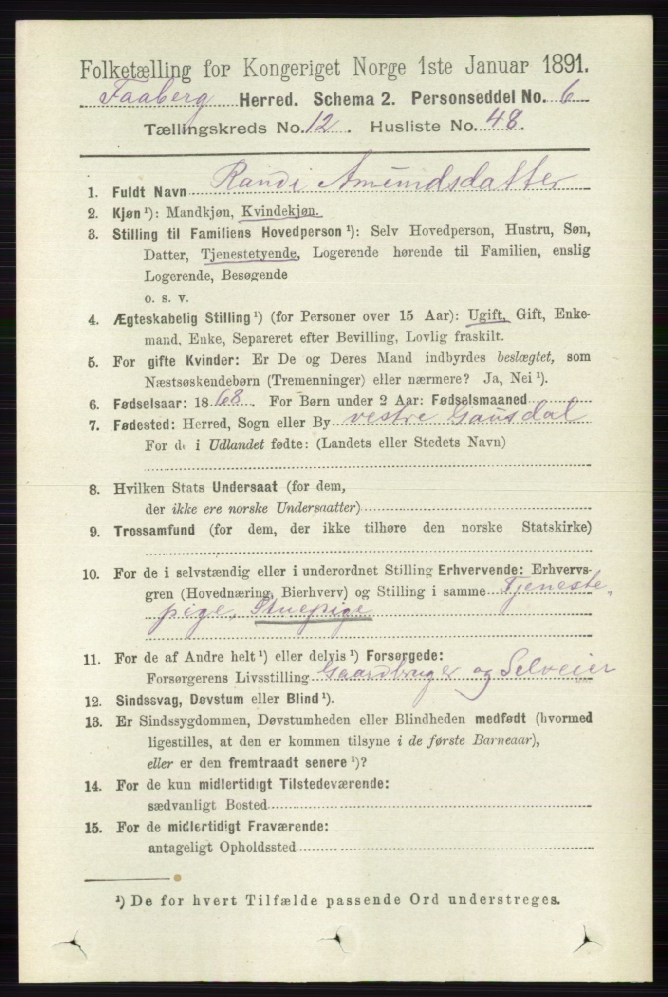 RA, 1891 census for 0524 Fåberg, 1891, p. 5019