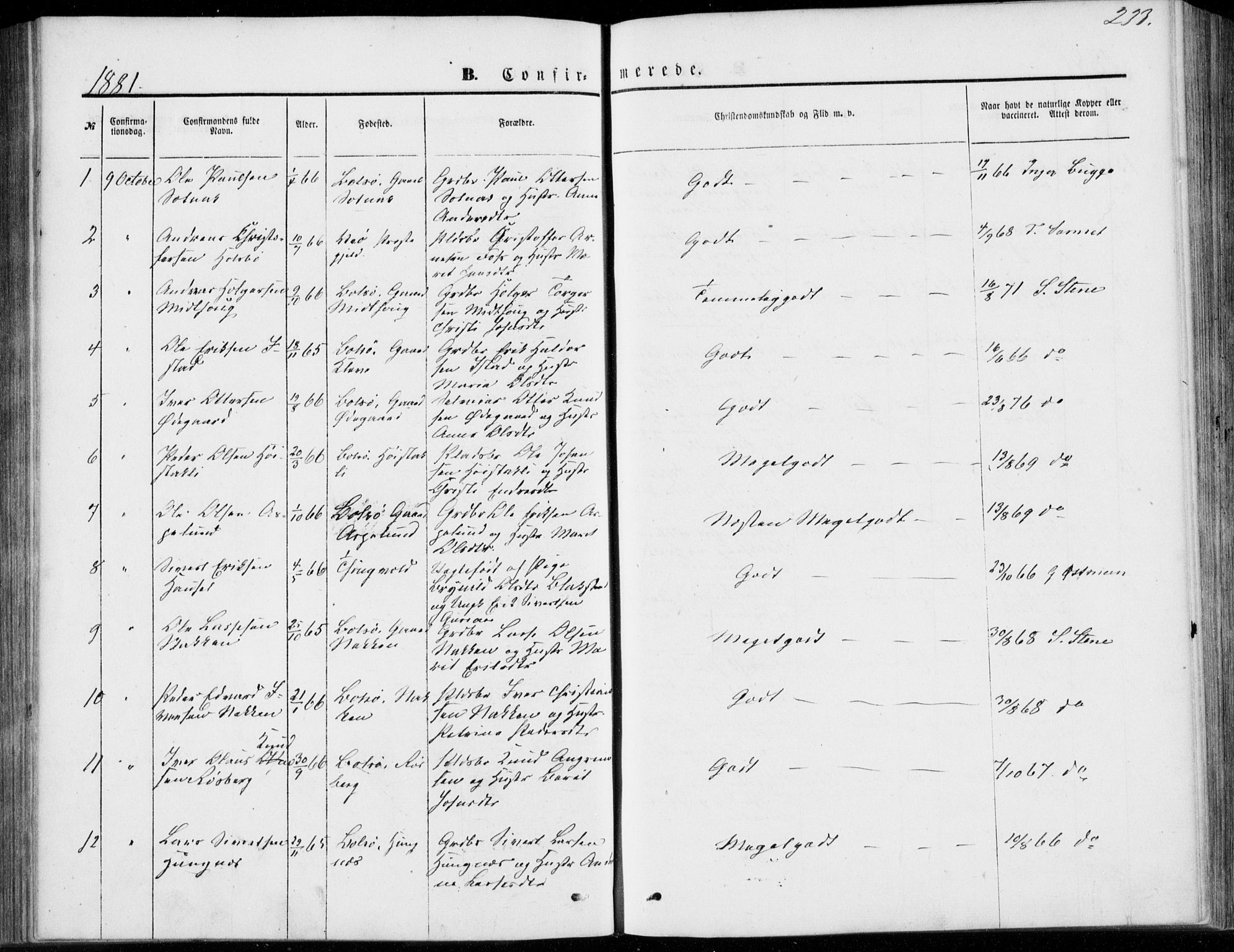 Ministerialprotokoller, klokkerbøker og fødselsregistre - Møre og Romsdal, SAT/A-1454/557/L0681: Parish register (official) no. 557A03, 1869-1886, p. 233