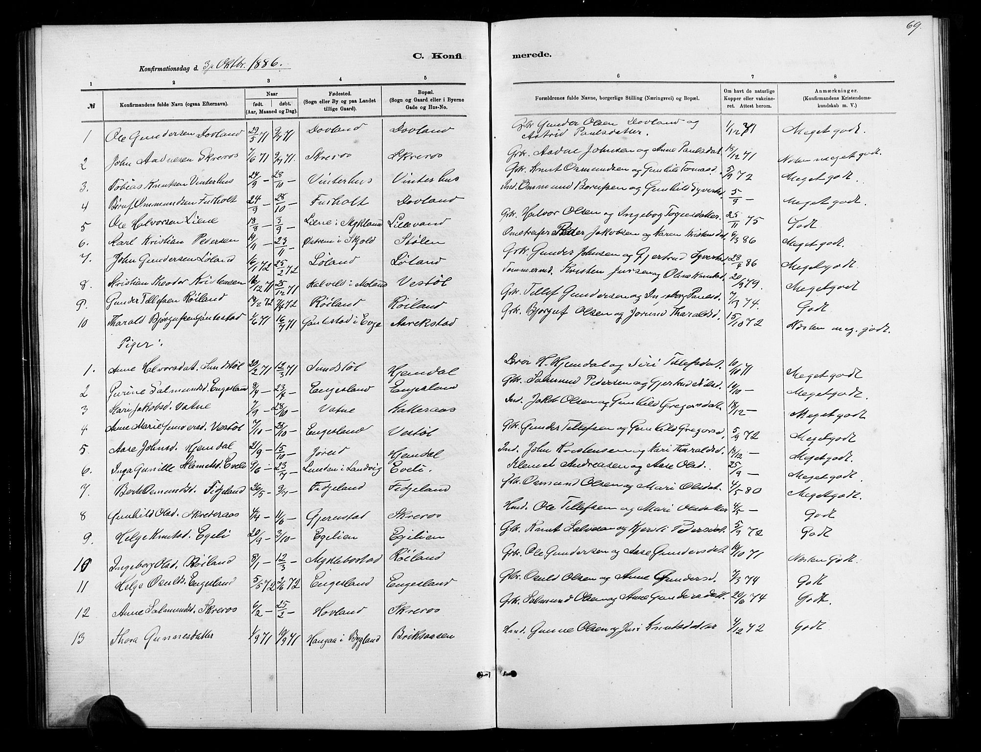 Herefoss sokneprestkontor, SAK/1111-0019/F/Fb/Fbb/L0002: Parish register (copy) no. B 2, 1879-1894, p. 69