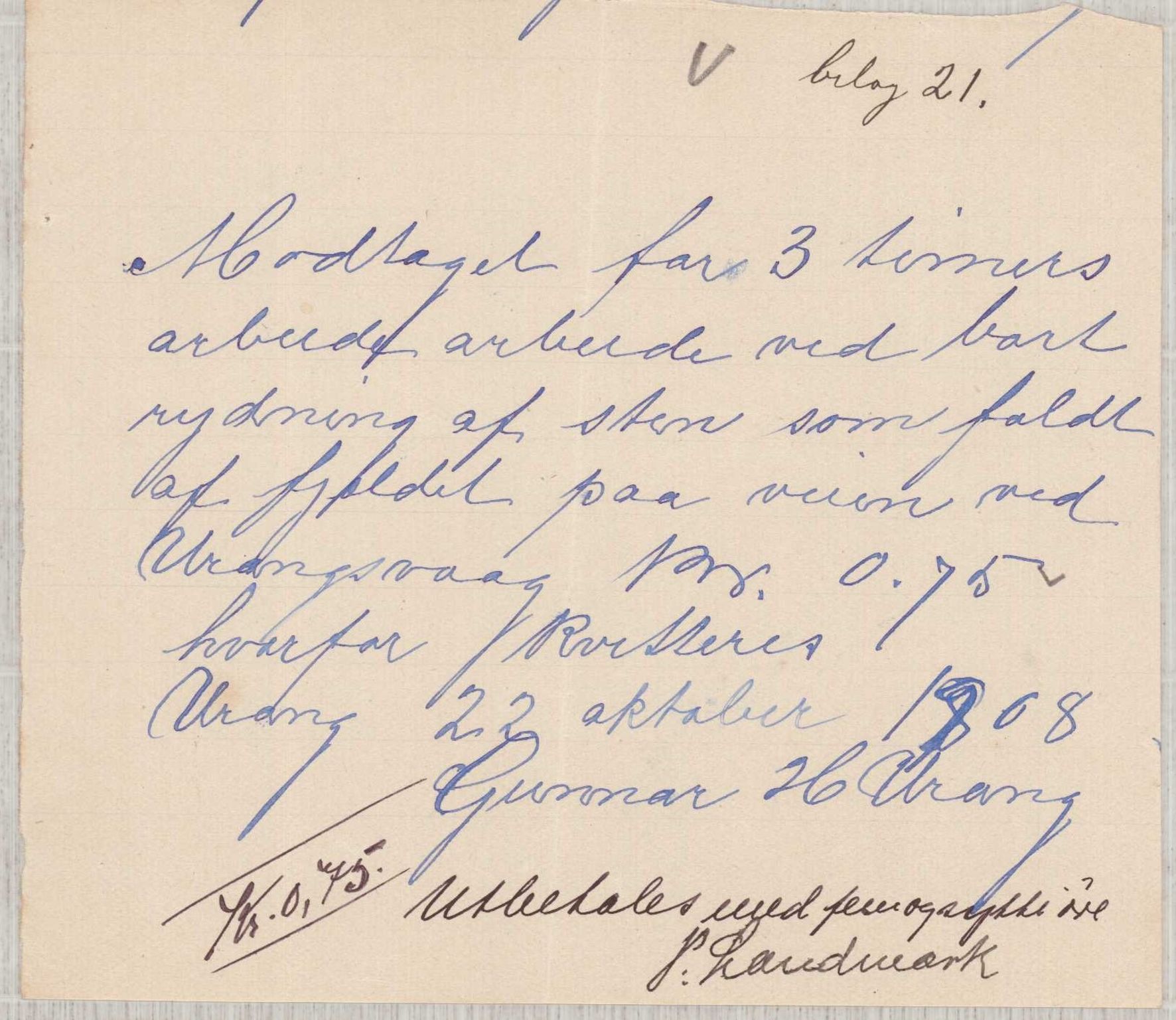 Finnaas kommune. Formannskapet, IKAH/1218a-021/E/Ea/L0002/0005: Rekneskap for veganlegg / Rekneskap for veganlegget Urangsvåg - Mælandsvåg, 1907-1909, p. 57