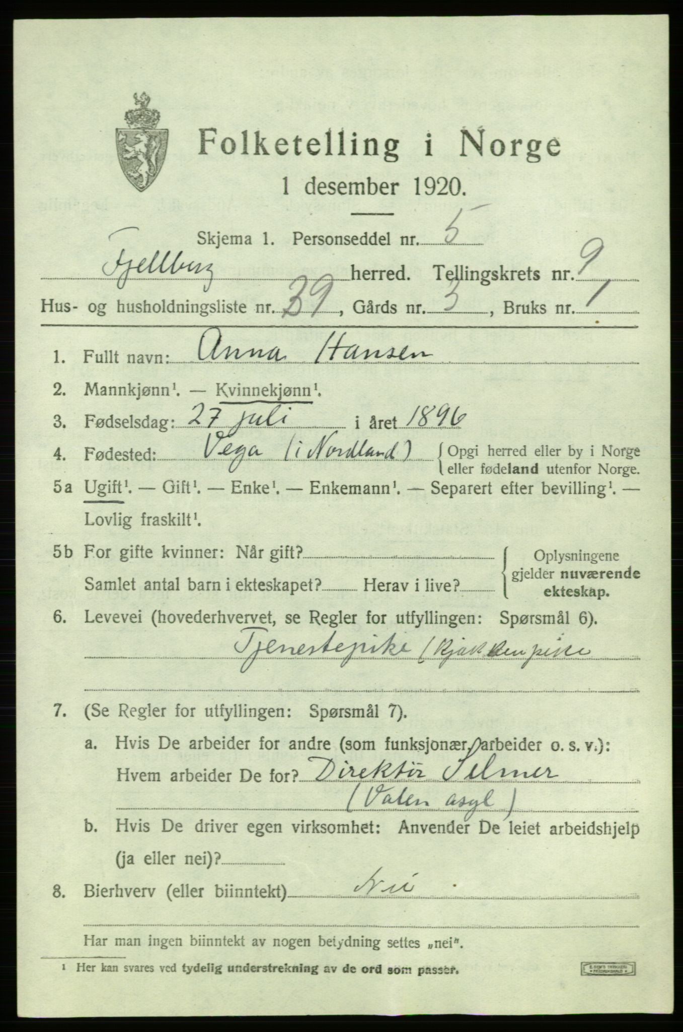 SAB, 1920 census for Fjelberg, 1920, p. 4419