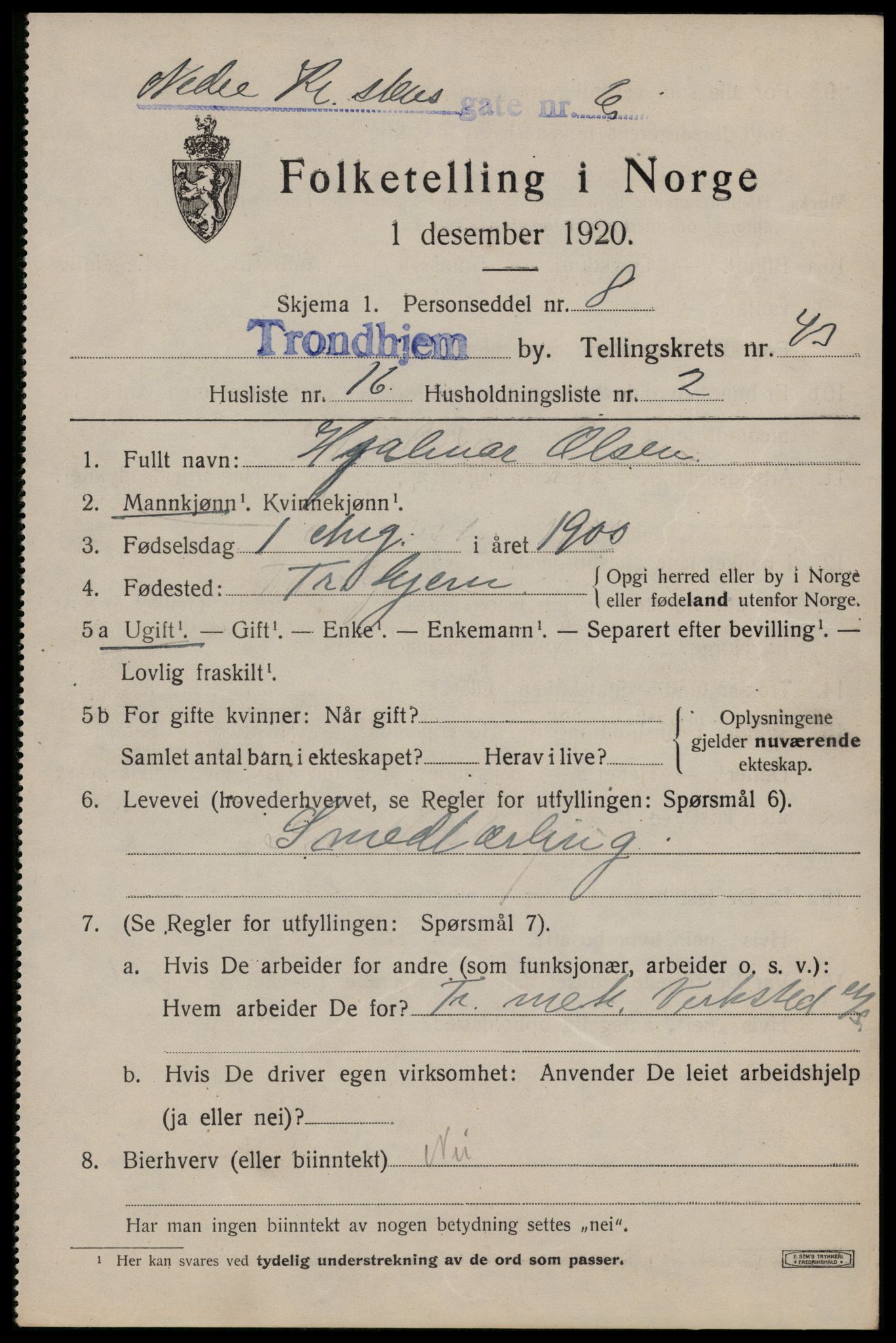 SAT, 1920 census for Trondheim, 1920, p. 94068