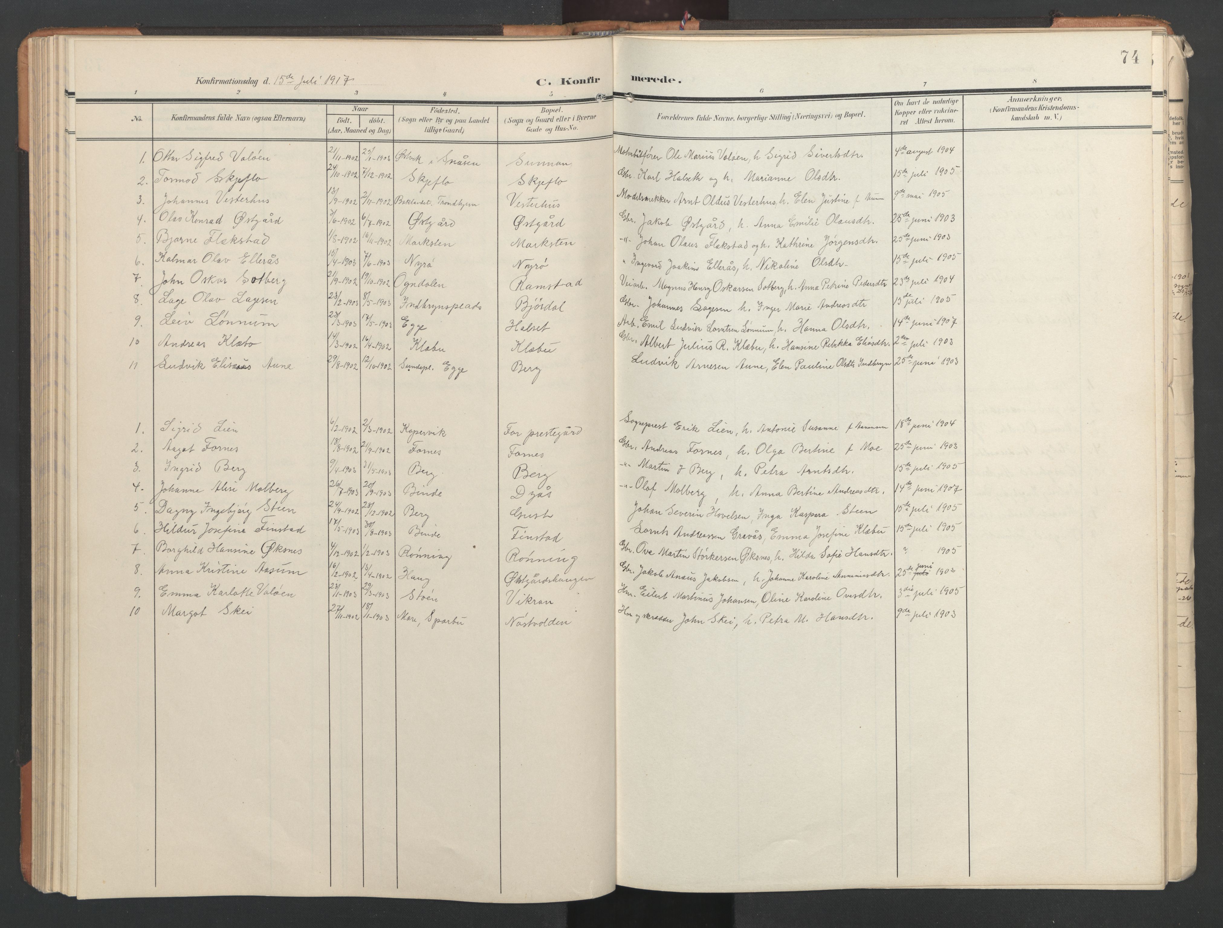 Ministerialprotokoller, klokkerbøker og fødselsregistre - Nord-Trøndelag, SAT/A-1458/746/L0455: Parish register (copy) no. 746C01, 1908-1933, p. 74