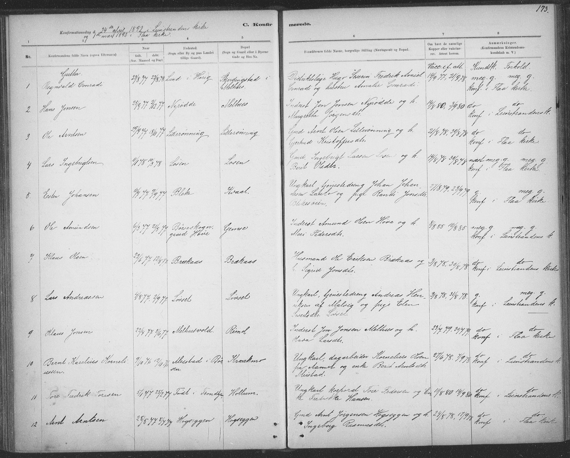 Ministerialprotokoller, klokkerbøker og fødselsregistre - Sør-Trøndelag, SAT/A-1456/691/L1085: Parish register (official) no. 691A17, 1887-1908, p. 173