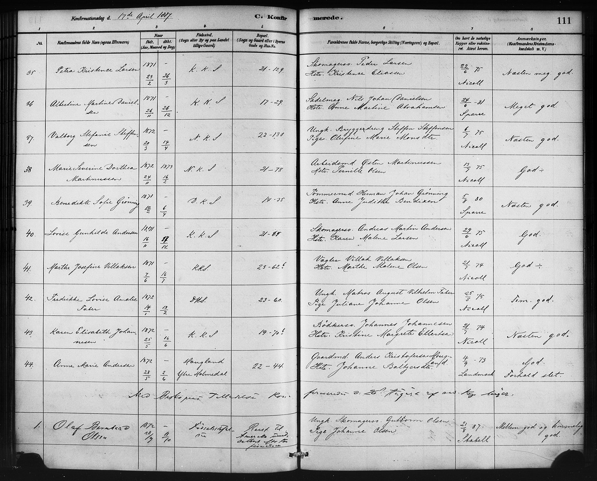 Korskirken sokneprestembete, AV/SAB-A-76101/H/Haa/L0029: Parish register (official) no. C 5, 1880-1892, p. 111