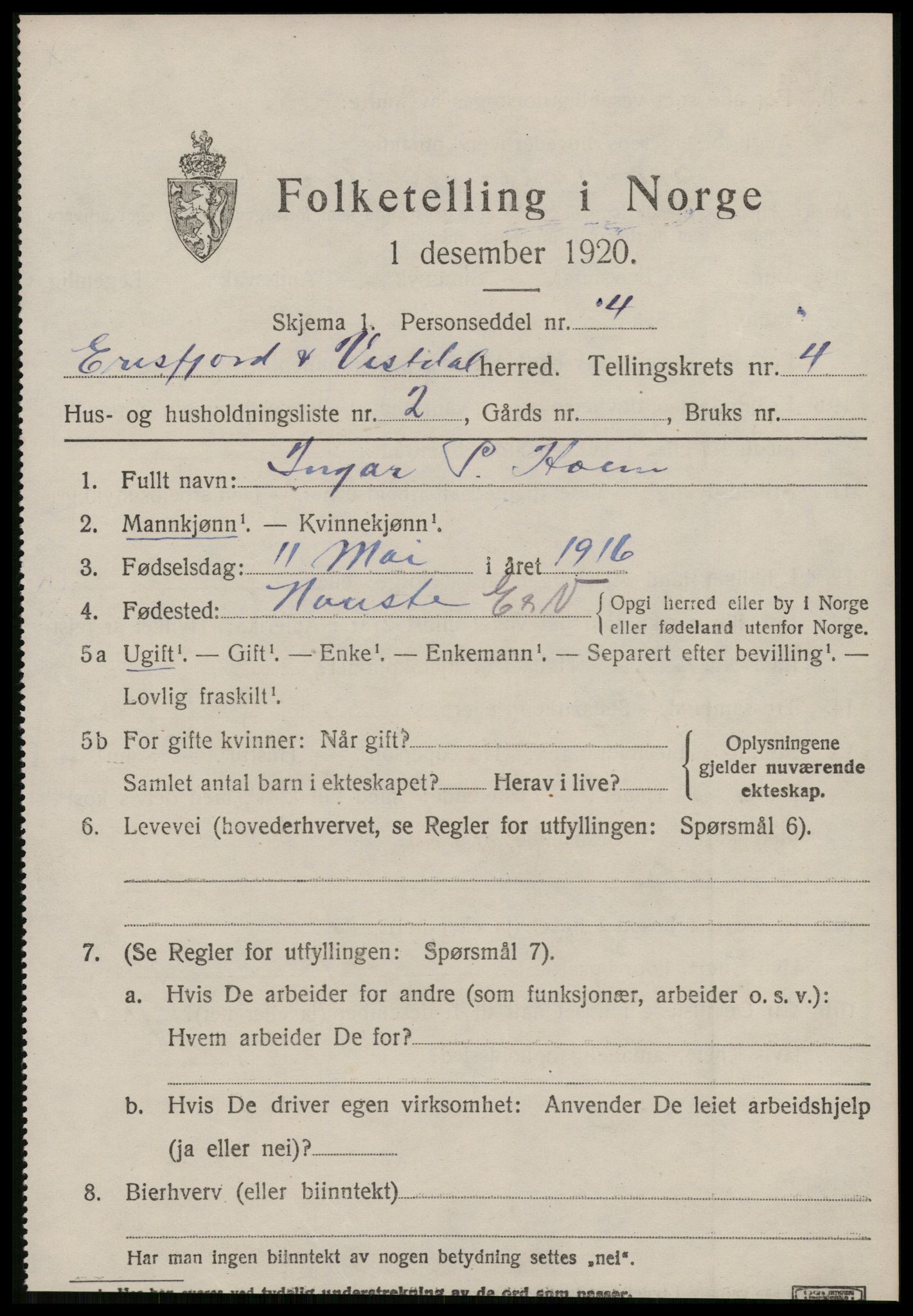 SAT, 1920 census for Eresfjord og Vistdal, 1920, p. 1989