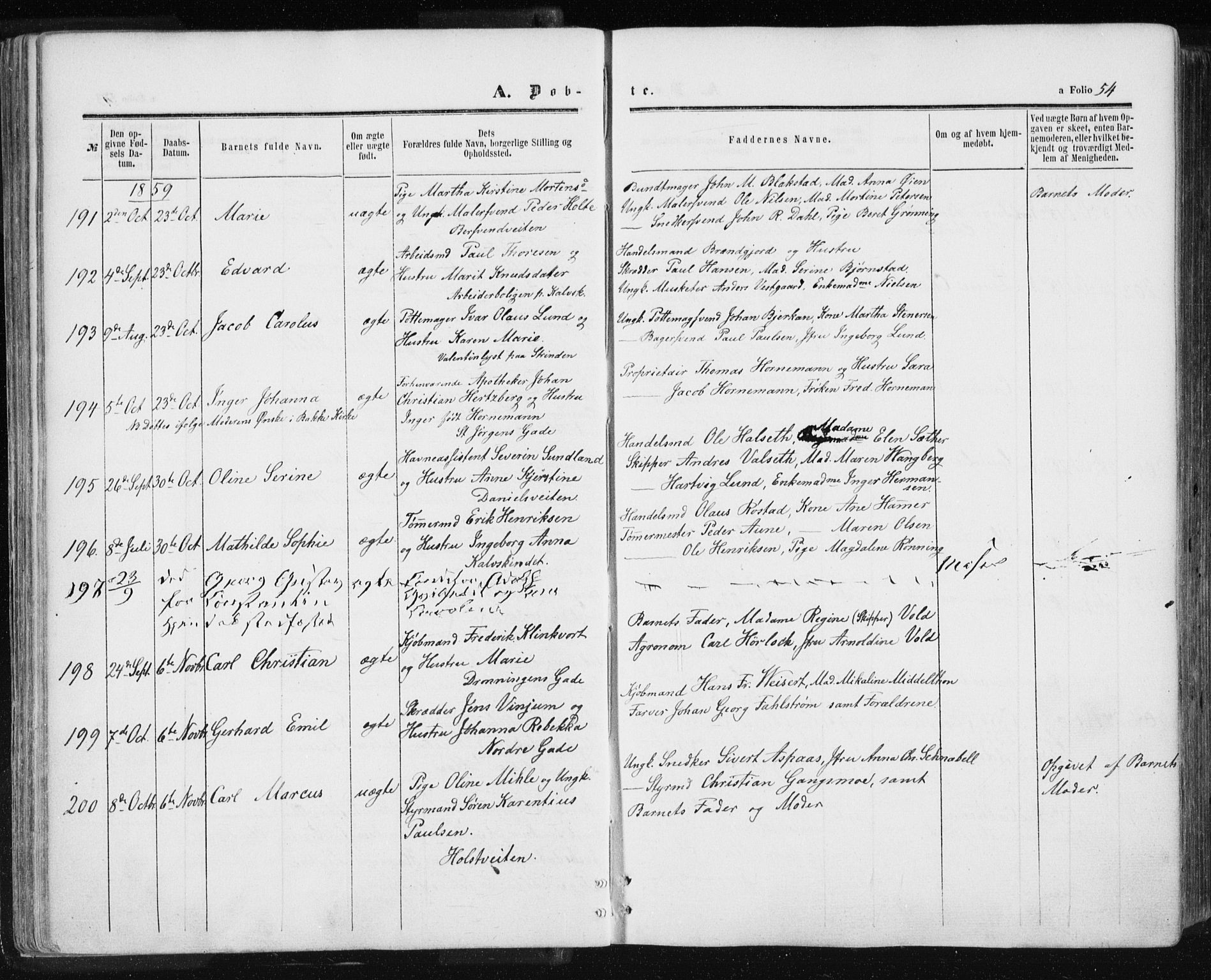 Ministerialprotokoller, klokkerbøker og fødselsregistre - Sør-Trøndelag, SAT/A-1456/601/L0053: Parish register (official) no. 601A21, 1857-1865, p. 54