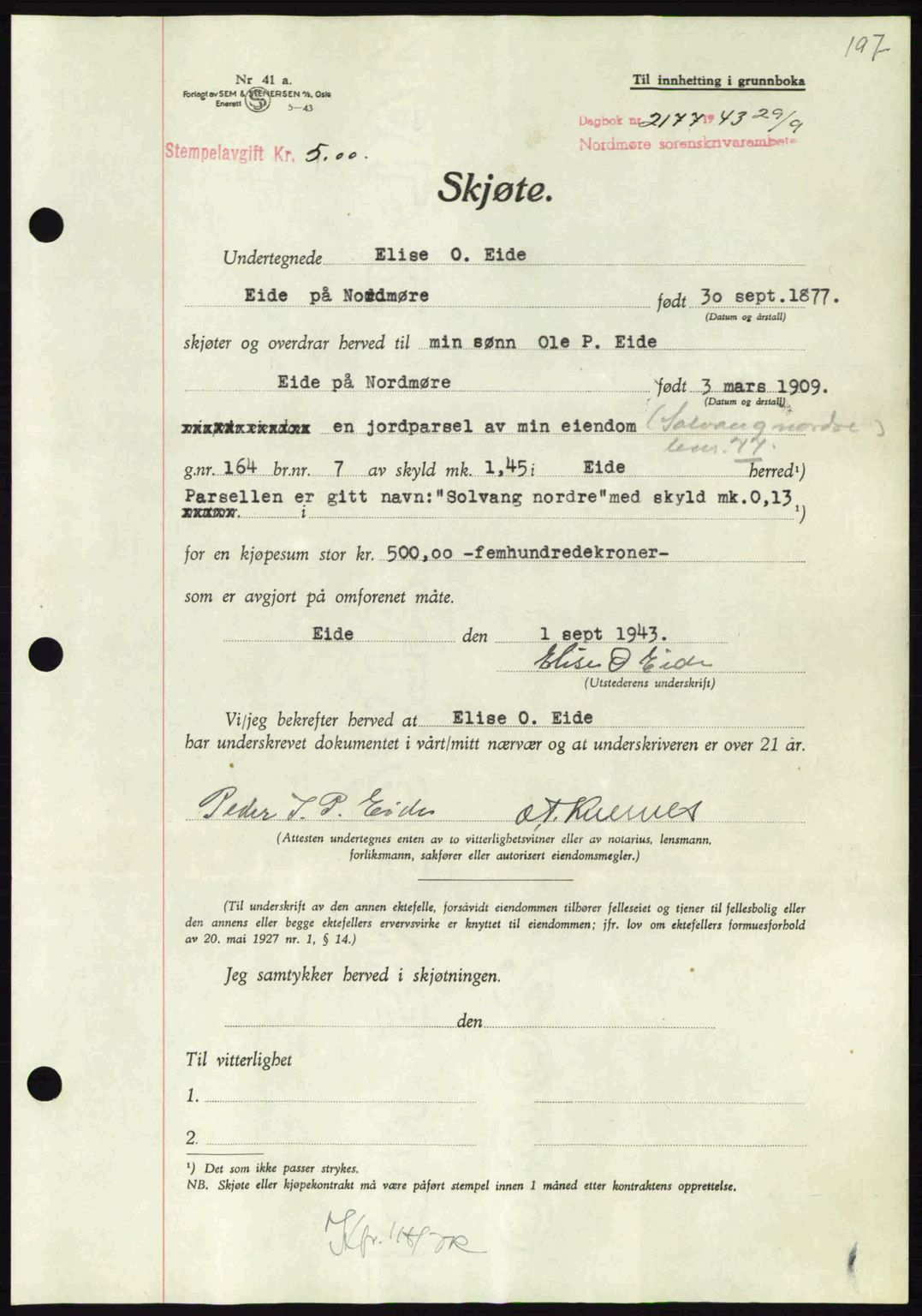 Nordmøre sorenskriveri, SAT/A-4132/1/2/2Ca: Mortgage book no. A96, 1943-1944, Diary no: : 2177/1943
