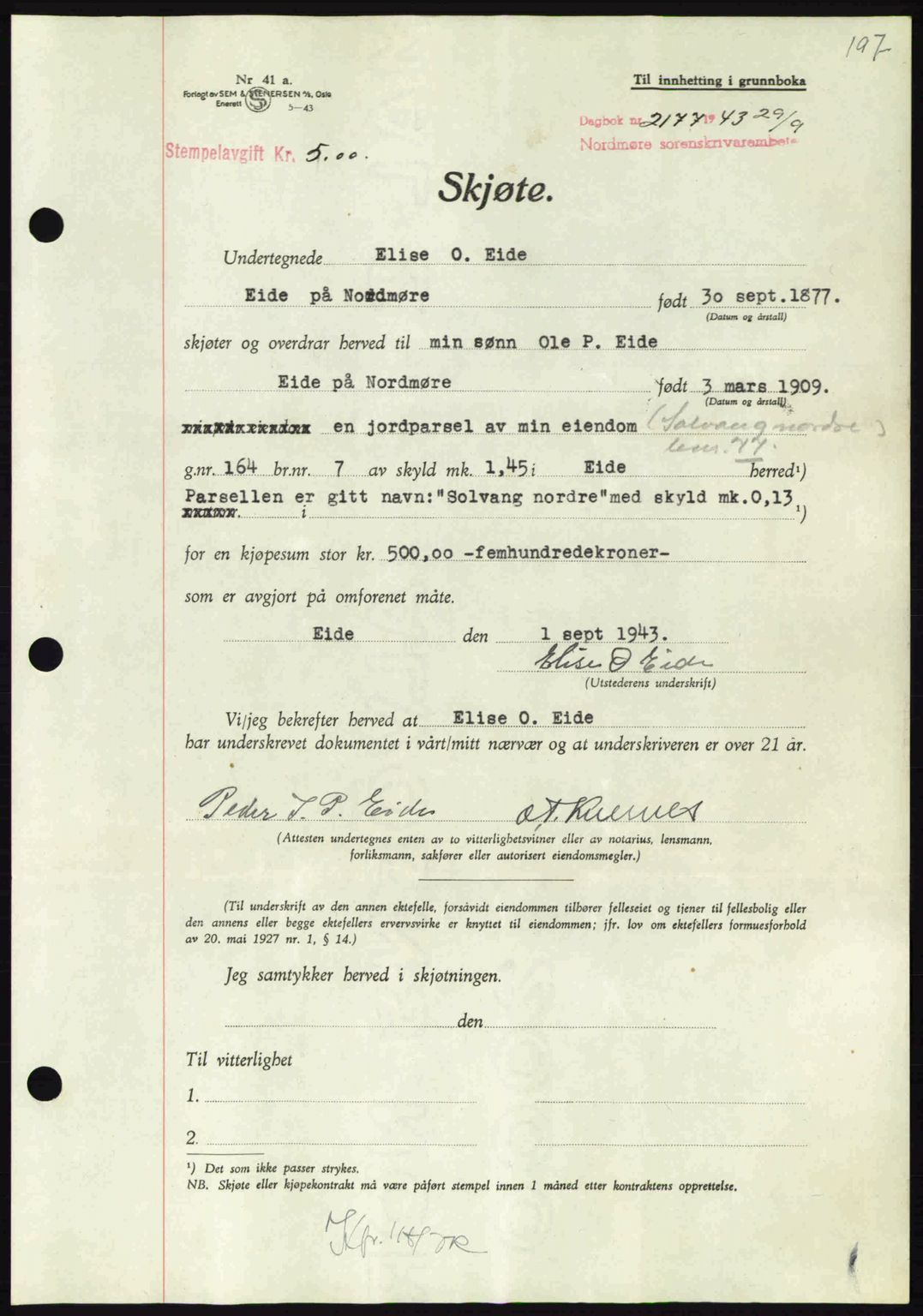 Nordmøre sorenskriveri, AV/SAT-A-4132/1/2/2Ca: Mortgage book no. A96, 1943-1944, Diary no: : 2177/1943