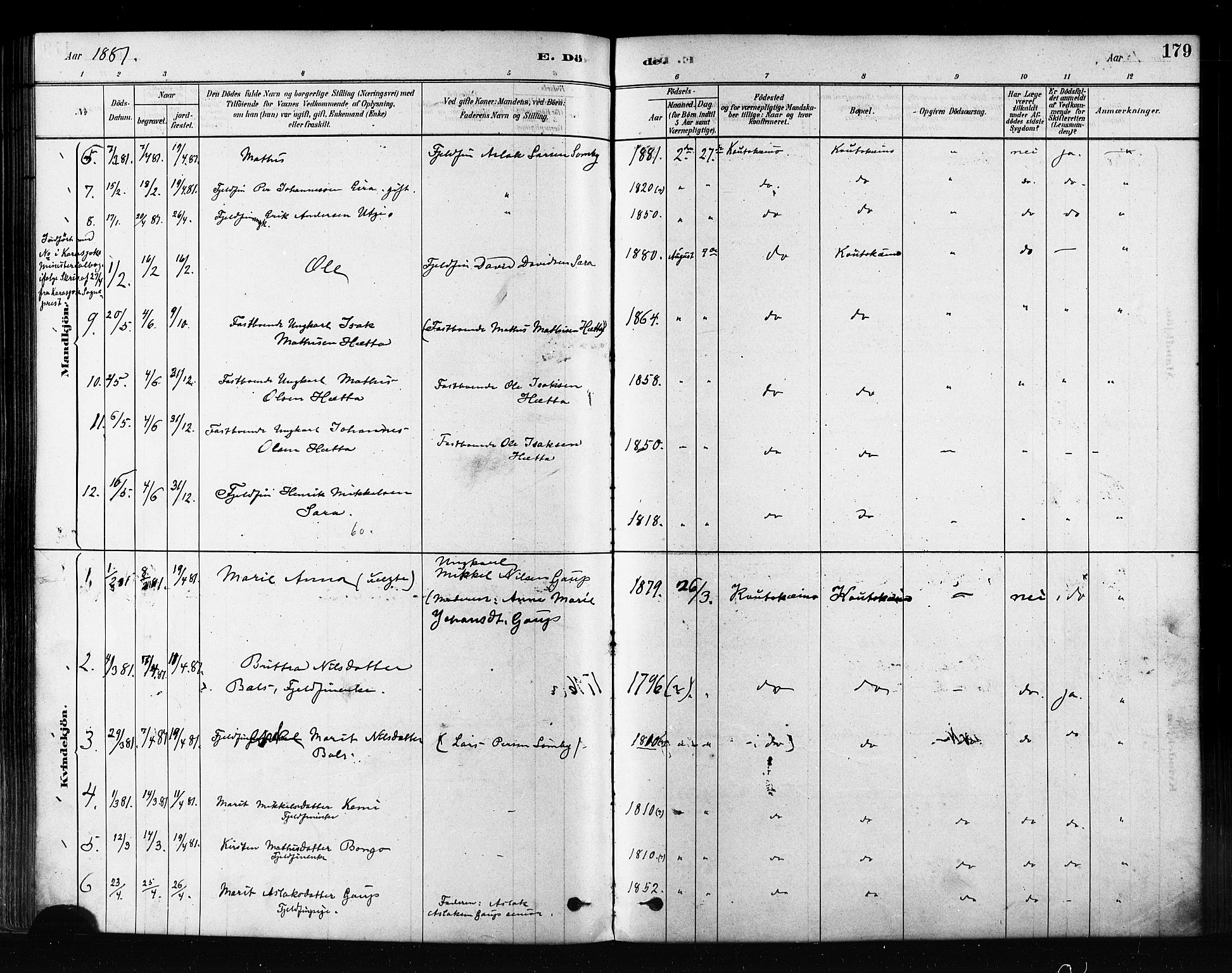 Kautokeino sokneprestembete, AV/SATØ-S-1340/H/Ha/L0004.kirke: Parish register (official) no. 4, 1877-1896, p. 179