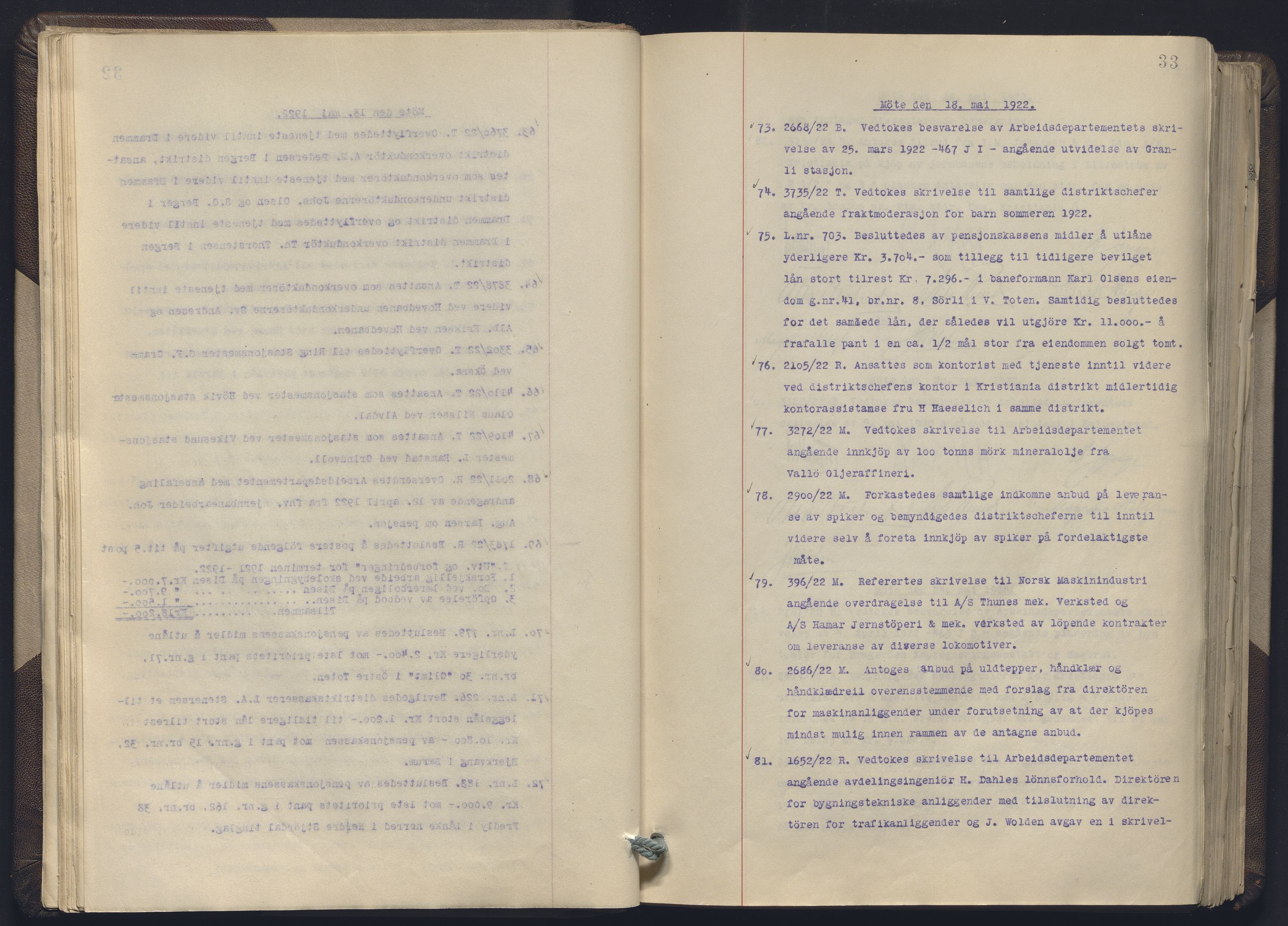 Norges statsbaner, Administrasjons- økonomi- og personalavdelingen, AV/RA-S-3412/A/Aa/L0019: Forhandlingsprotokoll, 1922-1924, p. 33