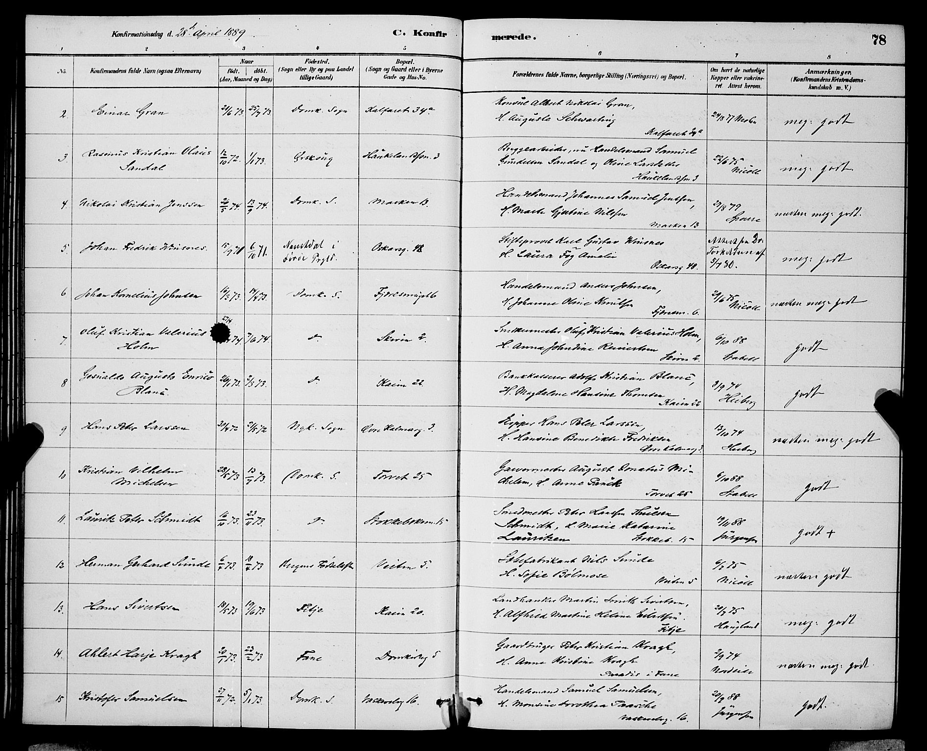 Domkirken sokneprestembete, SAB/A-74801/H/Hab/L0024: Parish register (copy) no. C 4, 1880-1899, p. 78