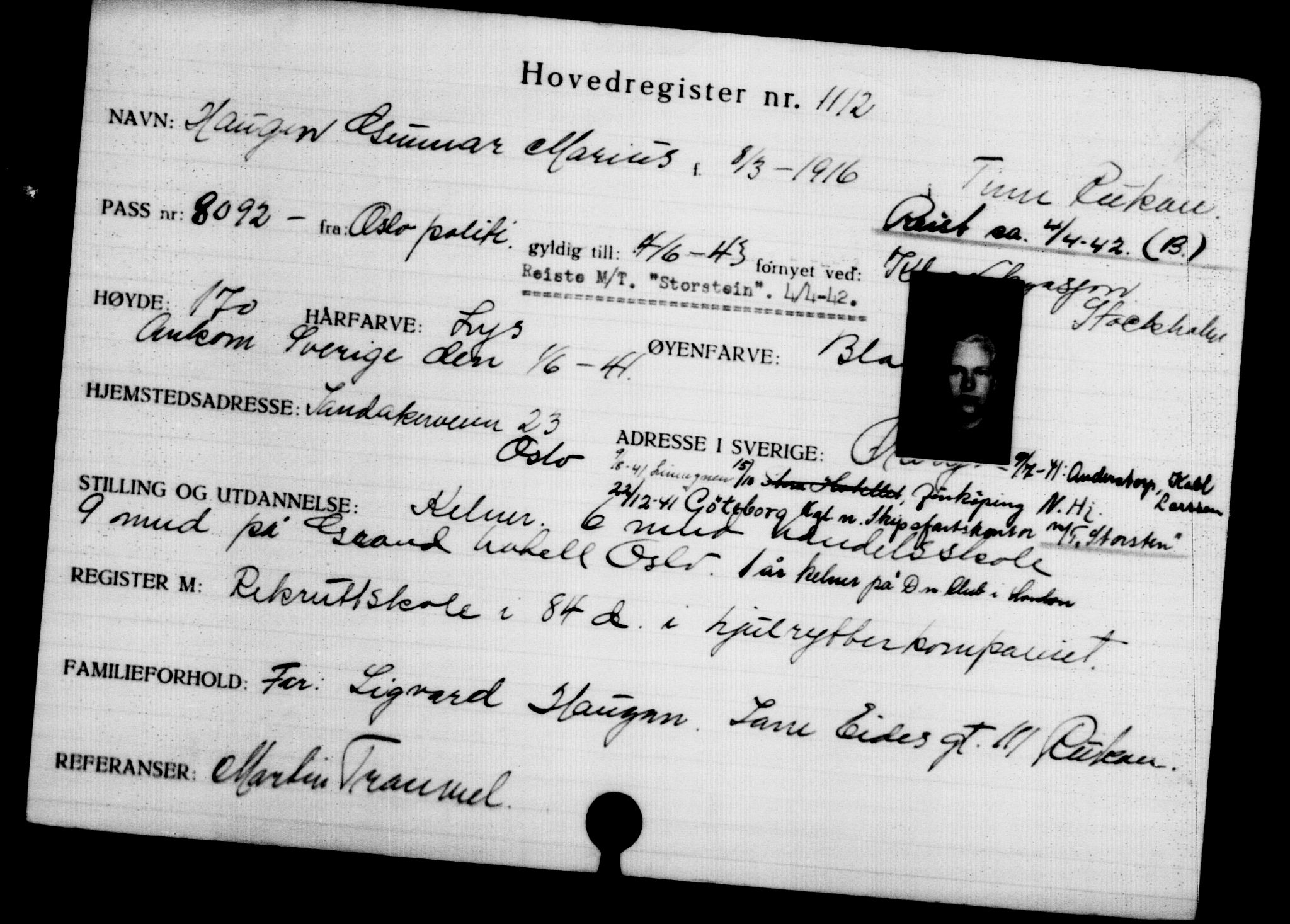 Utenriksstasjonene, Legasjonen i Stockholm, Flyktningkontoret, AV/RA-S-6753/V/Va/L0002: Kjesäterkartoteket, flyktninger med registreringsnr. 1001-2000, 1940-1945, p. 183