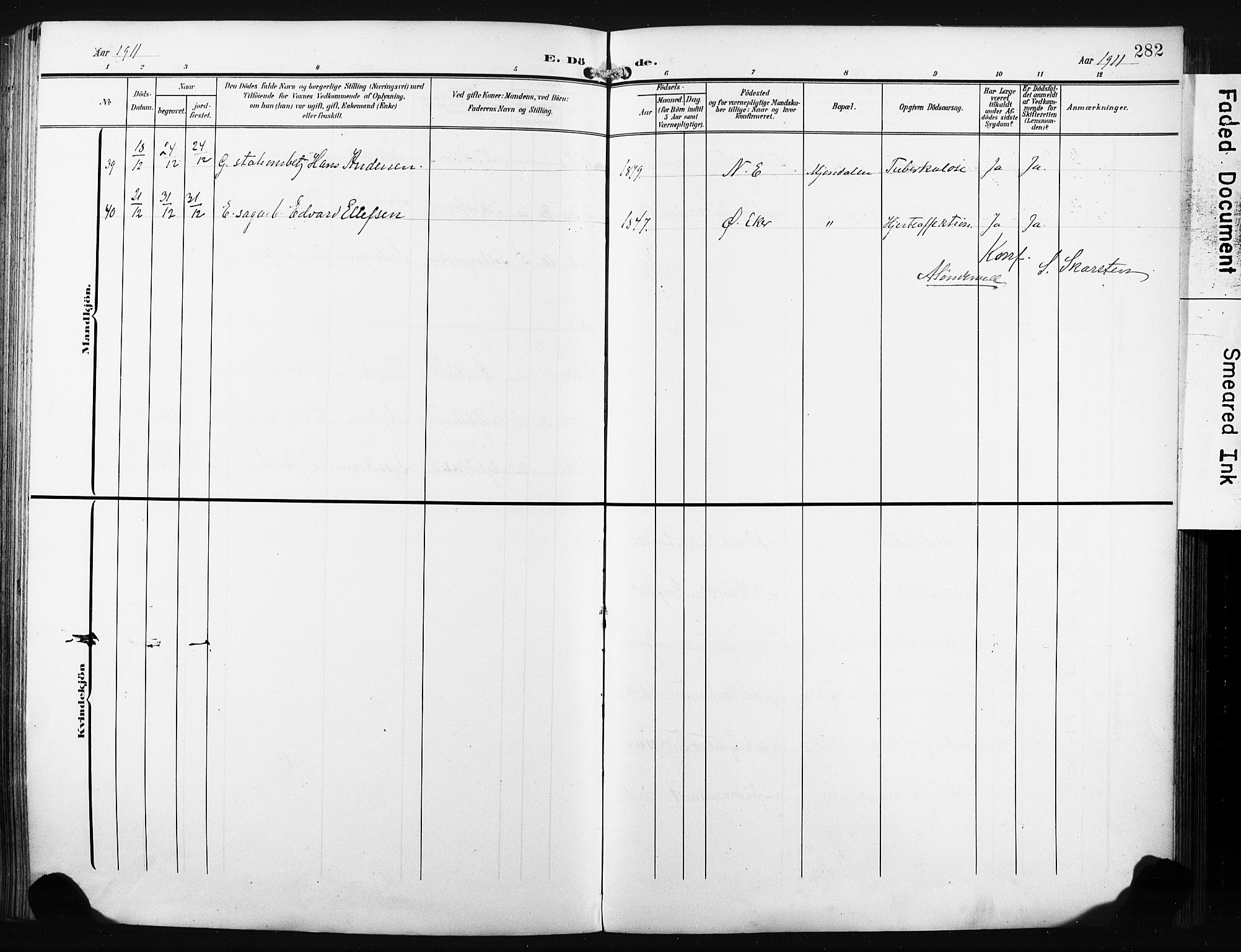 Nedre Eiker kirkebøker, AV/SAKO-A-612/F/Fa/L0006: Parish register (official) no. 6, 1906-1912, p. 282