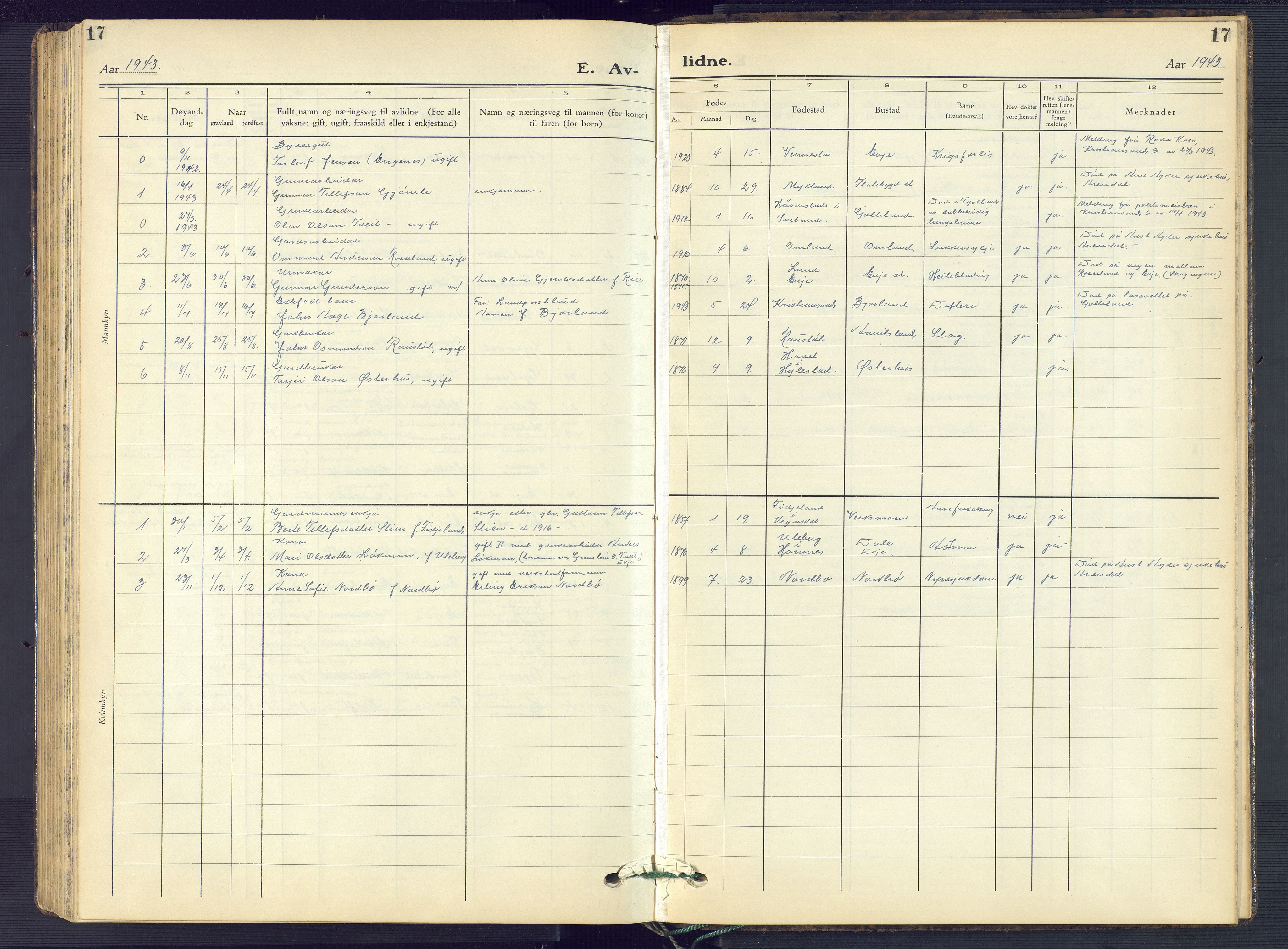 Evje sokneprestkontor, SAK/1111-0008/F/Fb/Fba/L0006: Parish register (copy) no. B 6, 1927-1956, p. 17
