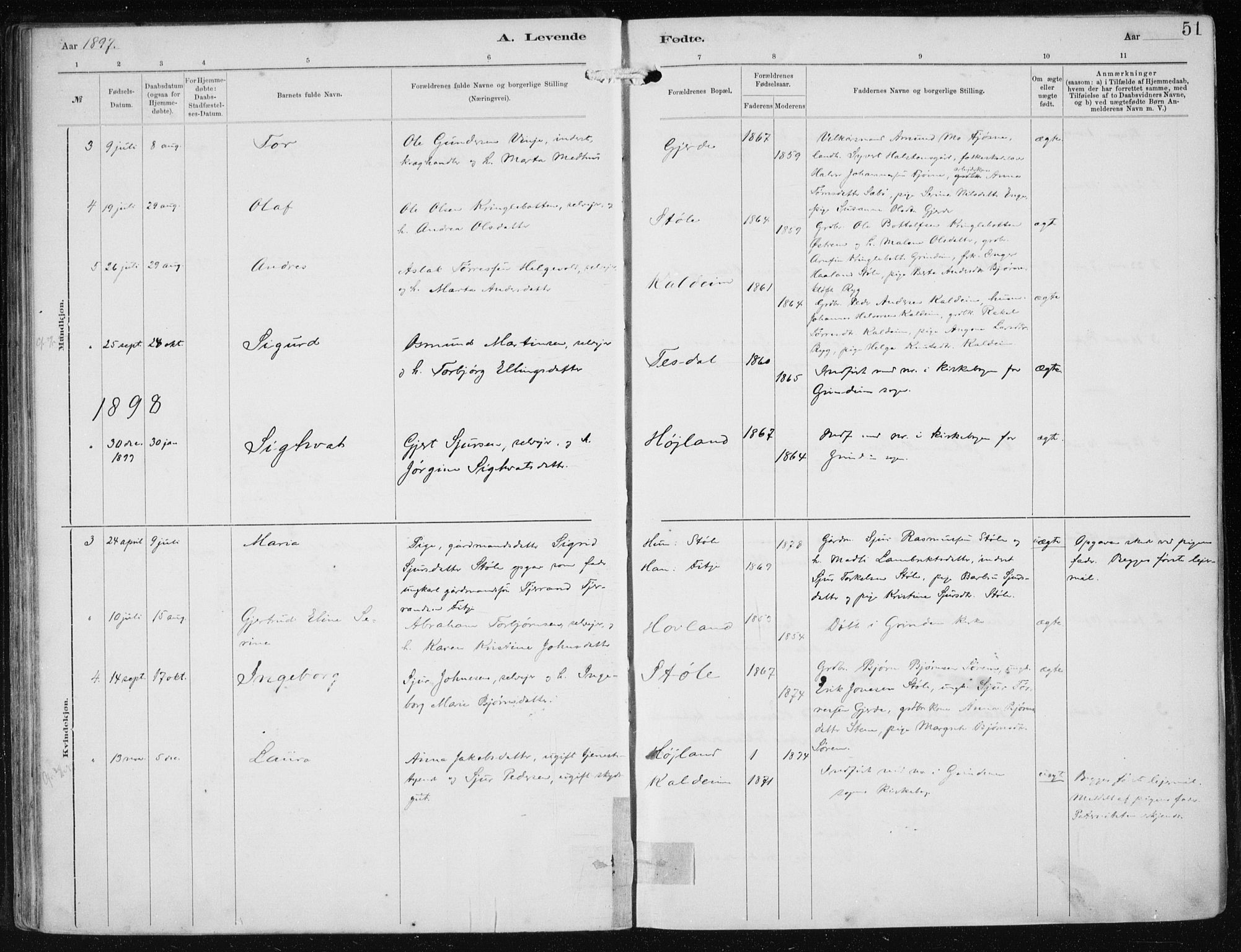 Etne sokneprestembete, SAB/A-75001/H/Haa: Parish register (official) no. B  1, 1879-1919, p. 51