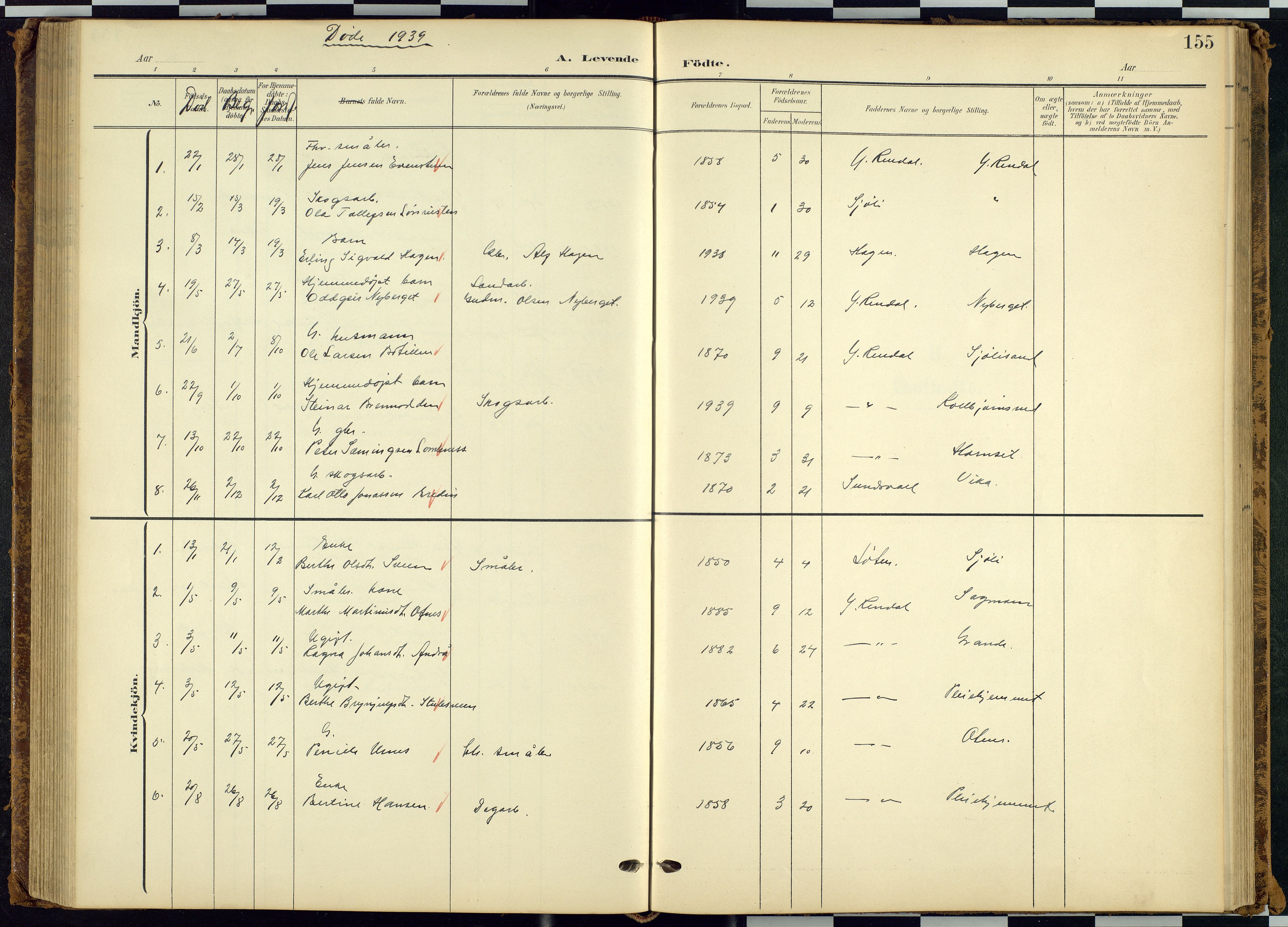 Rendalen prestekontor, SAH/PREST-054/H/Ha/Hab/L0010: Parish register (copy) no. 10, 1903-1940, p. 155