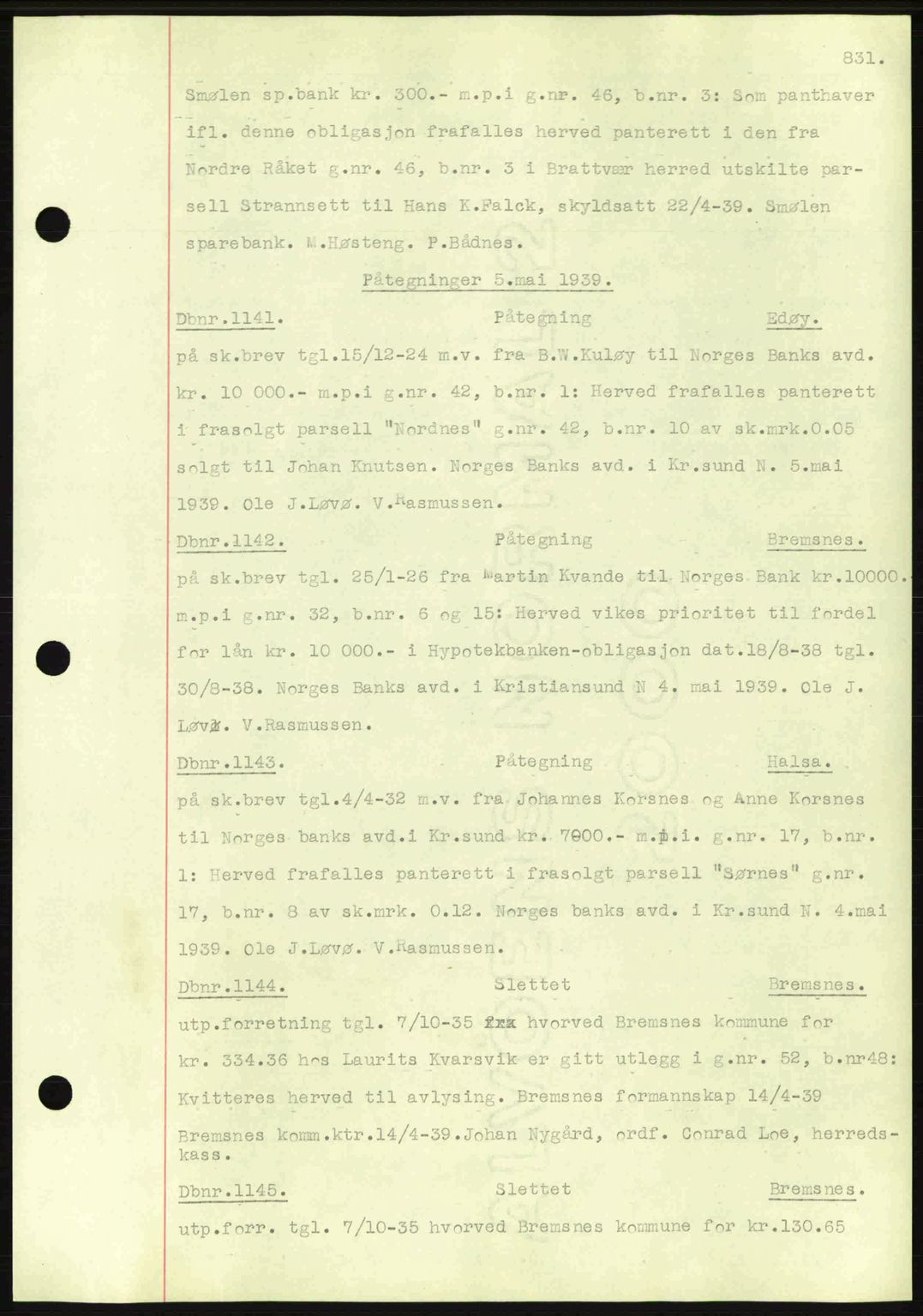 Nordmøre sorenskriveri, AV/SAT-A-4132/1/2/2Ca: Mortgage book no. C80, 1936-1939, Diary no: : 1141/1939