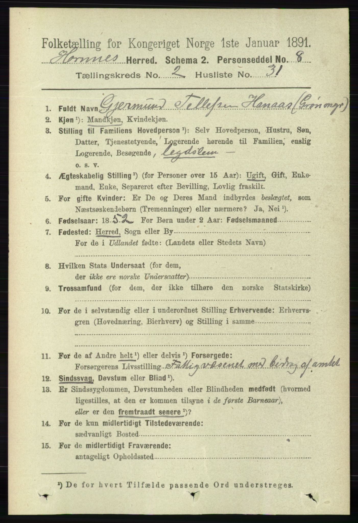 RA, 1891 census for 0936 Hornnes, 1891, p. 403