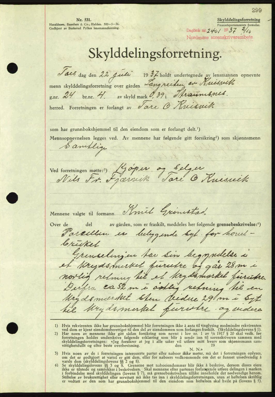 Nordmøre sorenskriveri, AV/SAT-A-4132/1/2/2Ca: Mortgage book no. A82, 1937-1938, Diary no: : 2401/1937