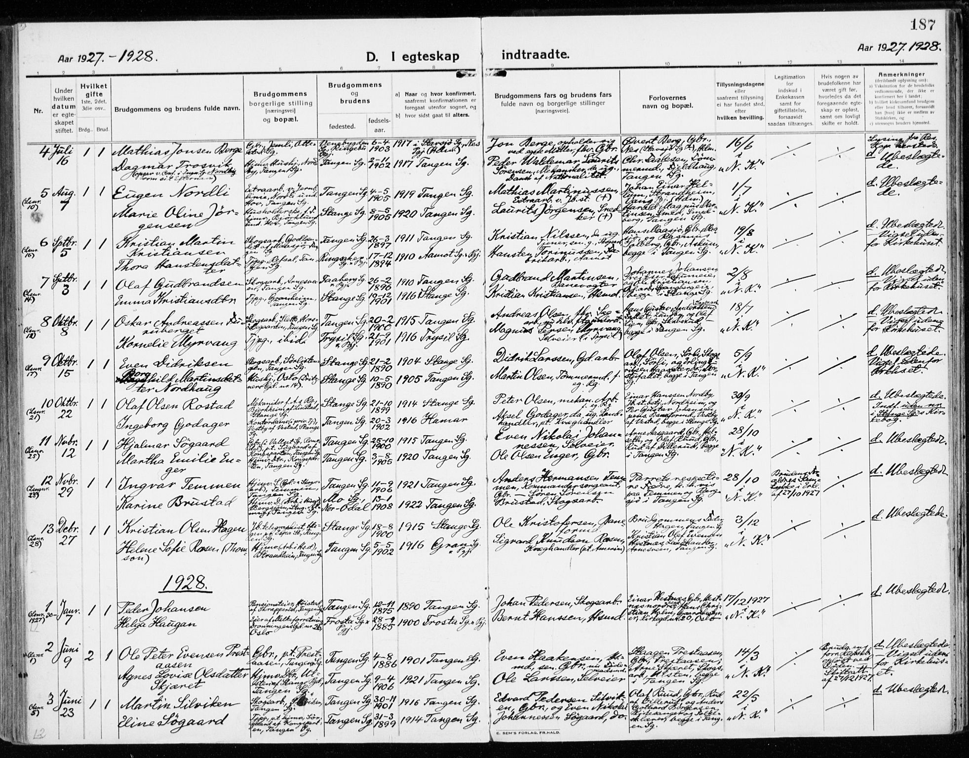 Stange prestekontor, SAH/PREST-002/K/L0025: Parish register (official) no. 25, 1921-1945, p. 187