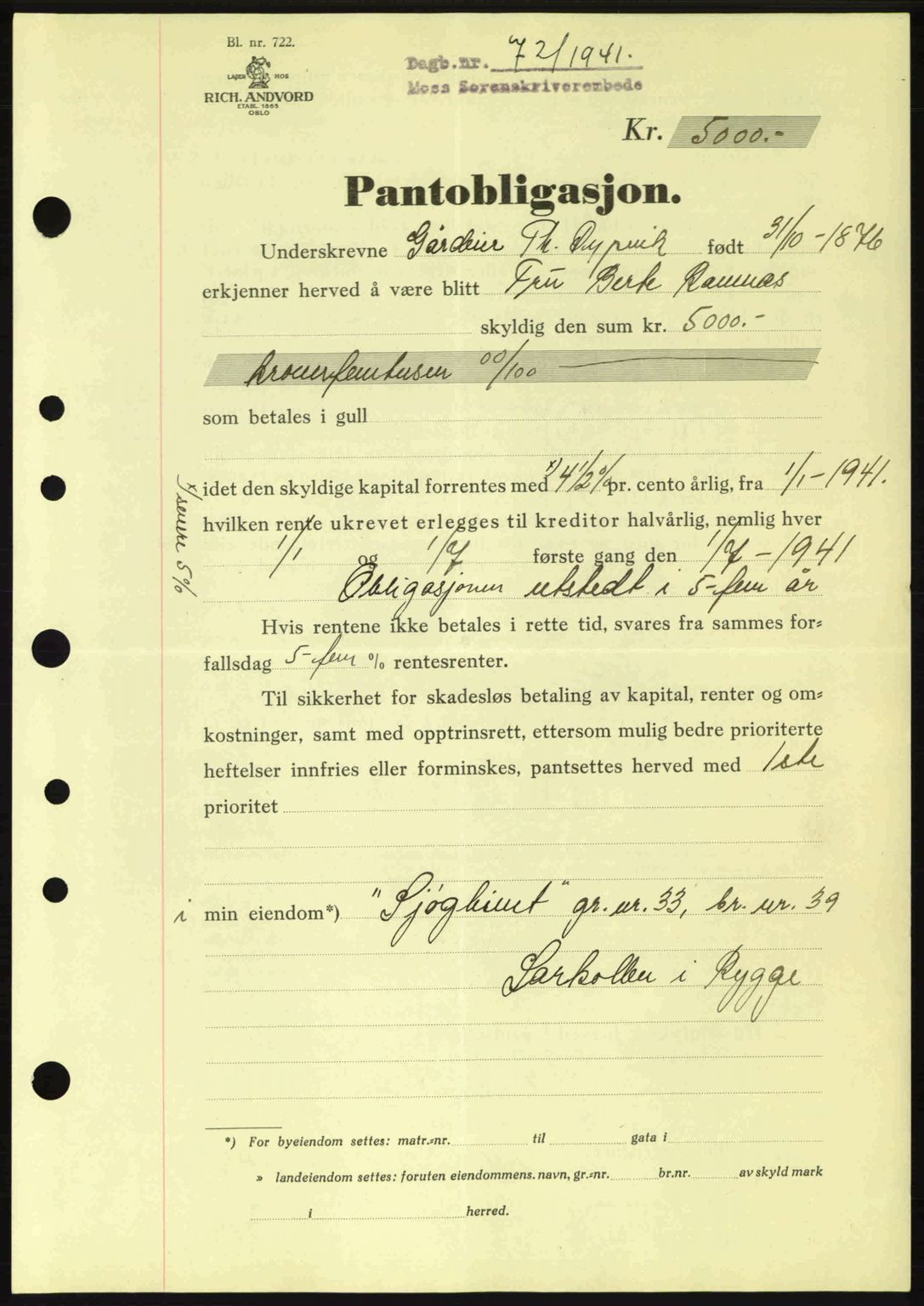 Moss sorenskriveri, SAO/A-10168: Mortgage book no. B10, 1940-1941, Diary no: : 72/1941