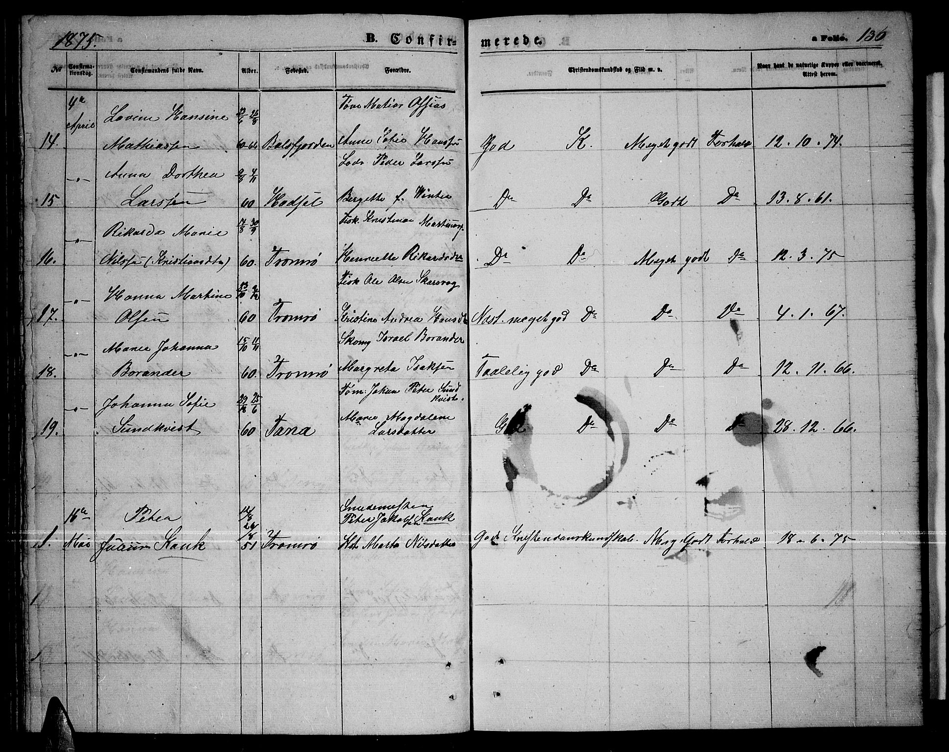 Tromsø sokneprestkontor/stiftsprosti/domprosti, AV/SATØ-S-1343/G/Gb/L0007klokker: Parish register (copy) no. 7, 1867-1875, p. 136