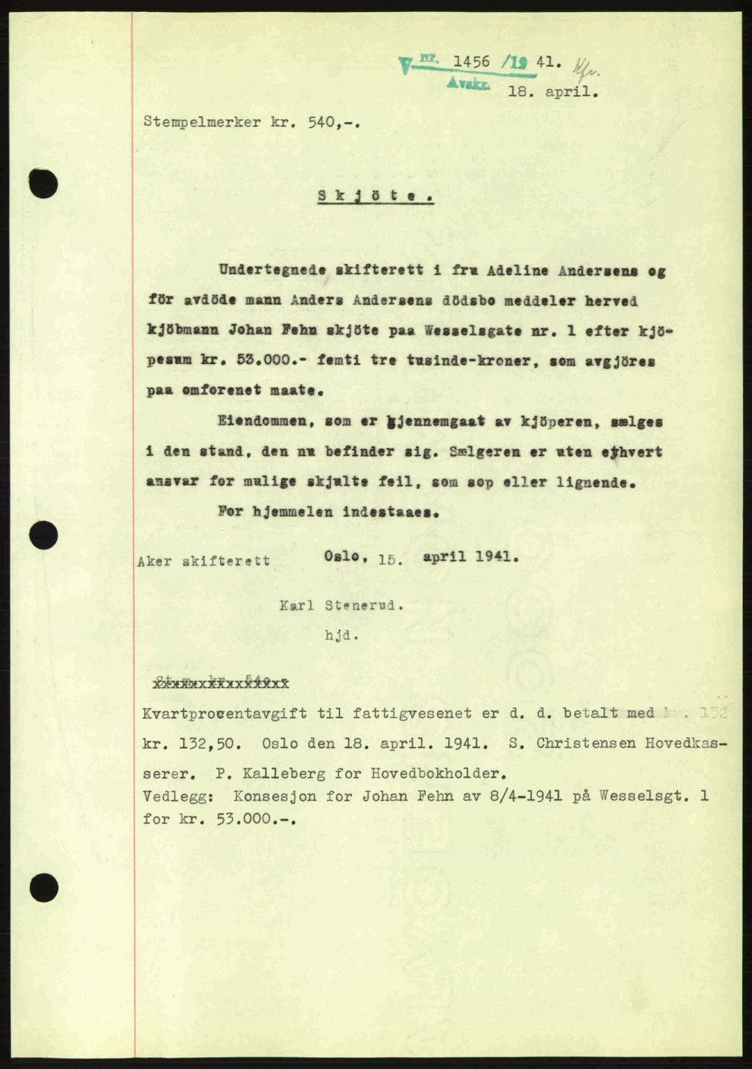 Oslo byskriverembete, AV/SAO-A-10227/G/Gb/Gbb/Gbbb/L0005: Mortgage book no. VA5, 1939-1941, Diary no: : 1456/1941