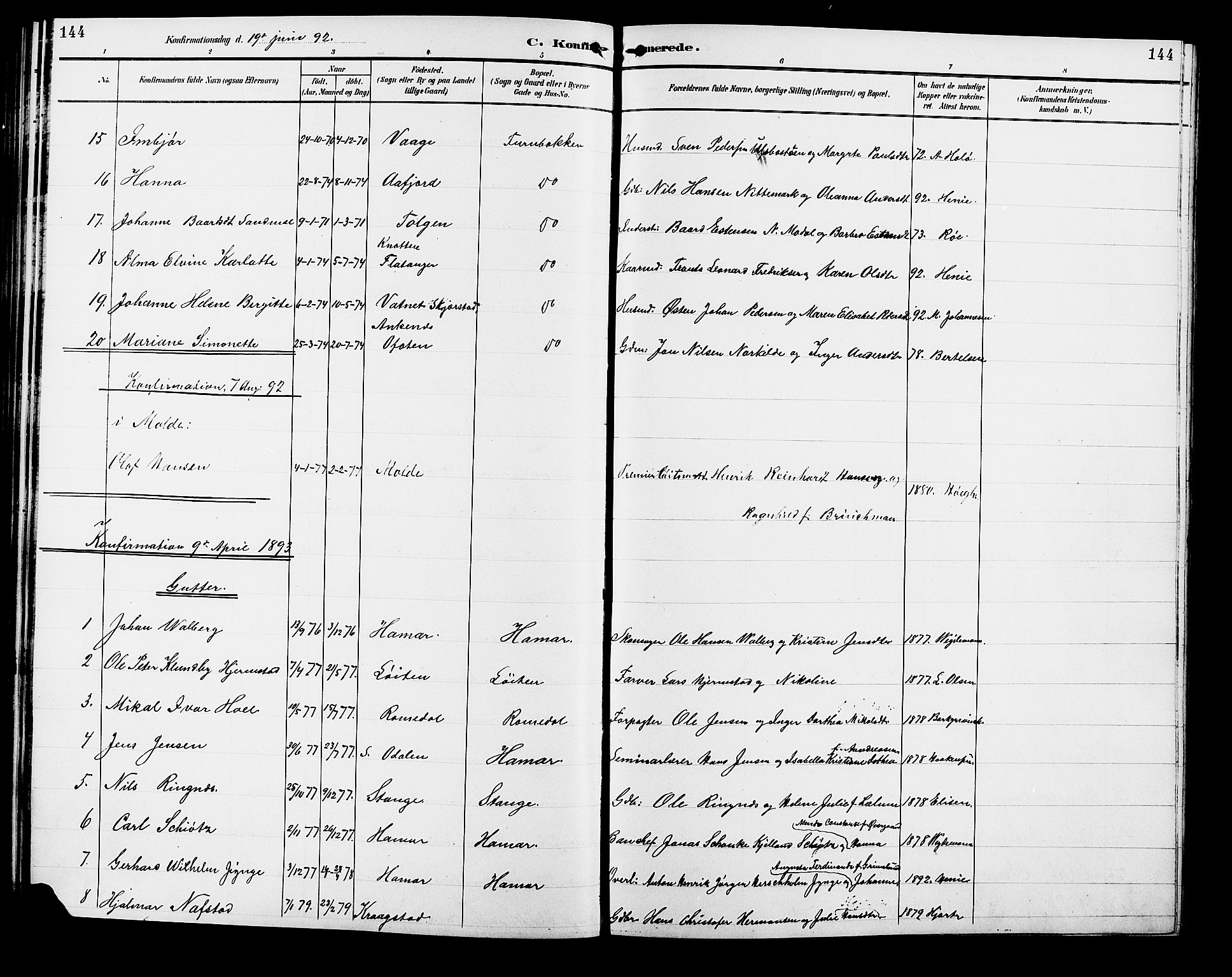 Vang prestekontor, Hedmark, AV/SAH-PREST-008/H/Ha/Hab/L0013: Parish register (copy) no. 13, 1890-1899, p. 144