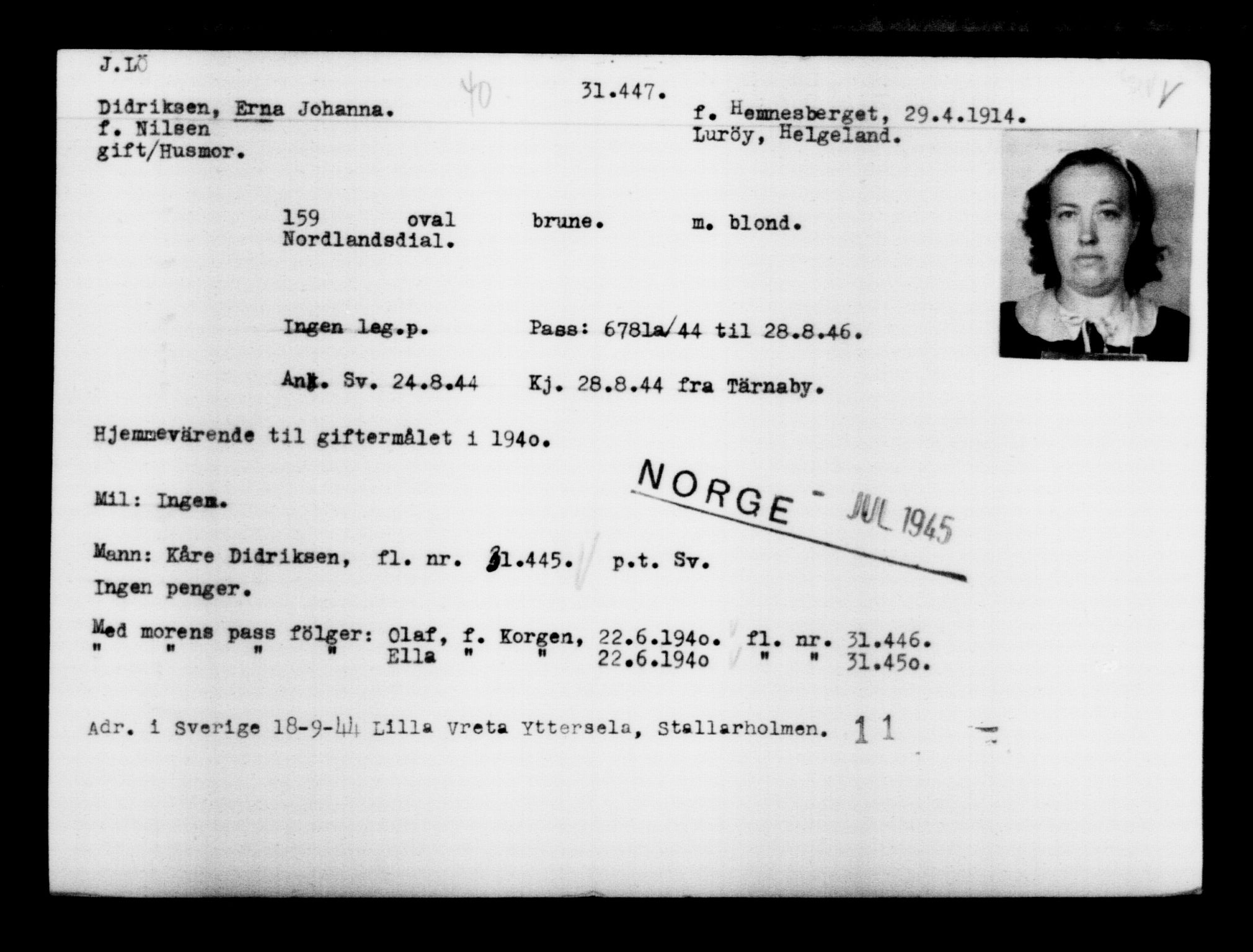 Utenriksstasjonene, Legasjonen i Stockholm, Flyktningkontoret, AV/RA-S-6753/V/Va/L0012: Kjesäterkartoteket, flyktninger med registreringsnr. 28300-31566, 1940-1945, p. 3408