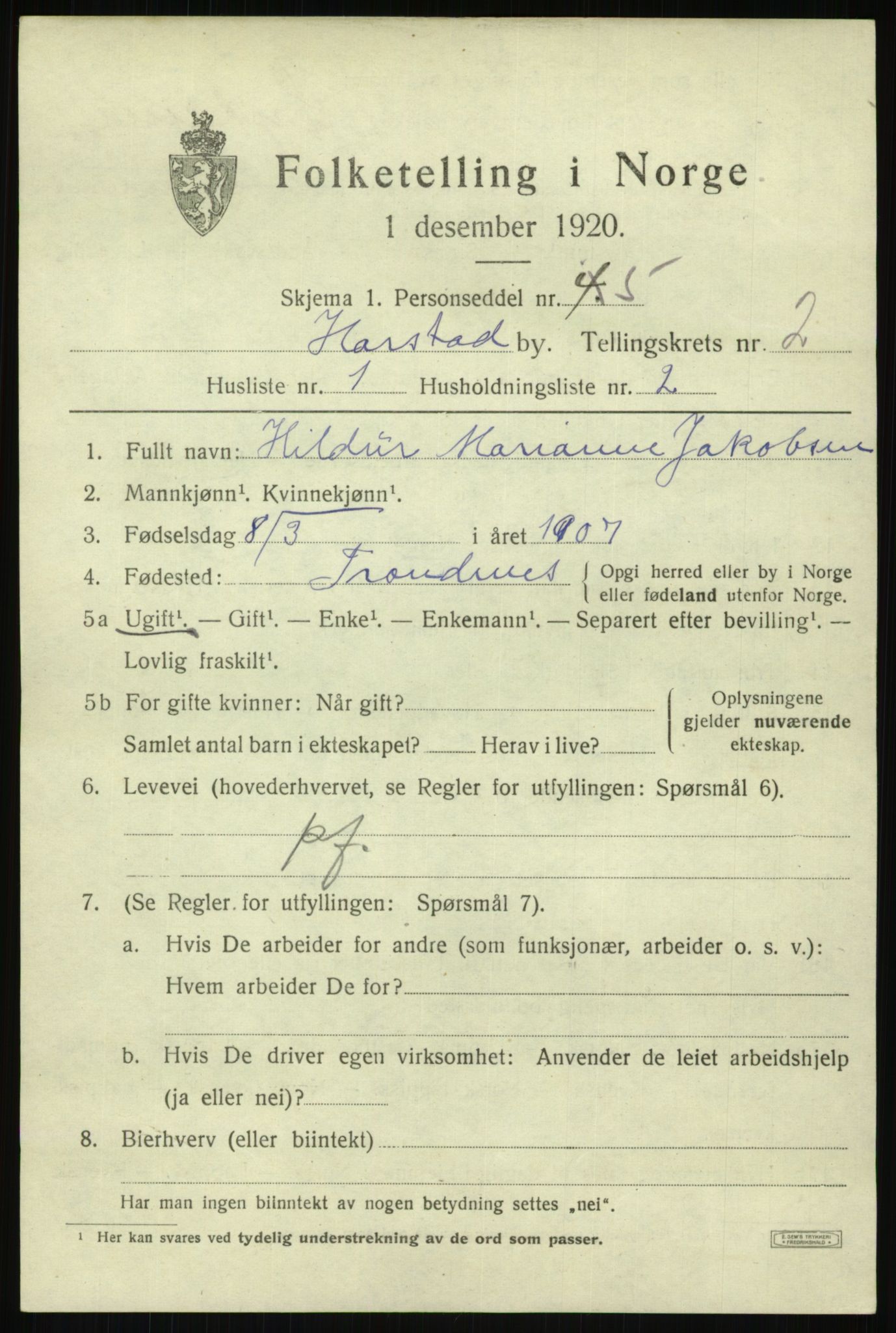 SATØ, 1920 census for Harstad, 1920, p. 2960