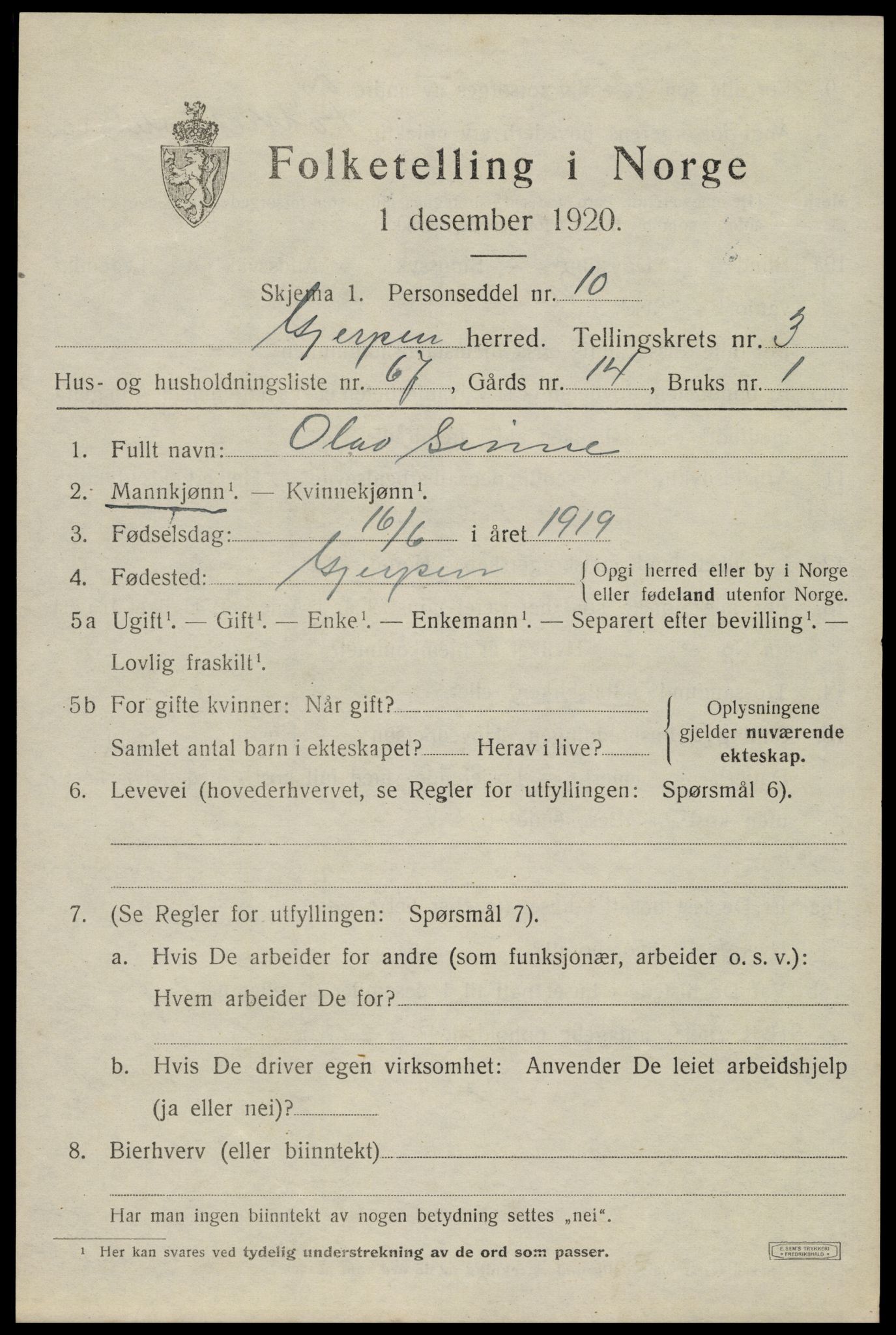 SAKO, 1920 census for Gjerpen, 1920, p. 6108