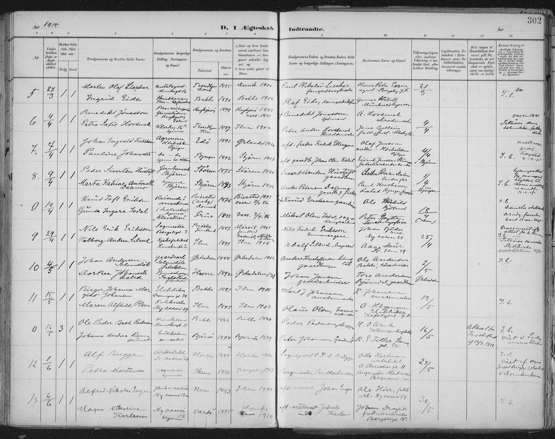 Ministerialprotokoller, klokkerbøker og fødselsregistre - Sør-Trøndelag, SAT/A-1456/603/L0167: Parish register (official) no. 603A06, 1896-1932, p. 302