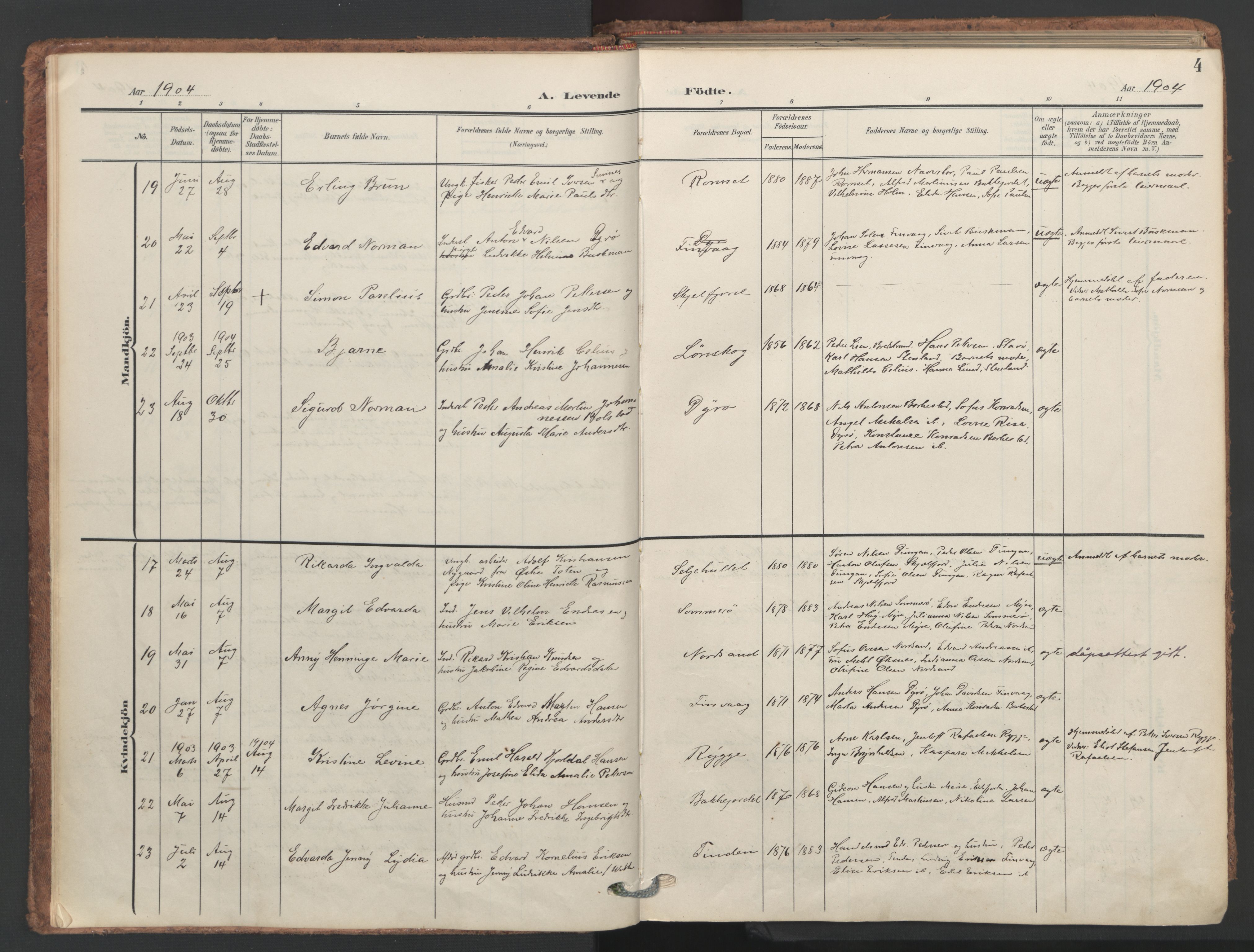 Ministerialprotokoller, klokkerbøker og fødselsregistre - Nordland, SAT/A-1459/893/L1339: Parish register (official) no. 893A11, 1904-1914, p. 4