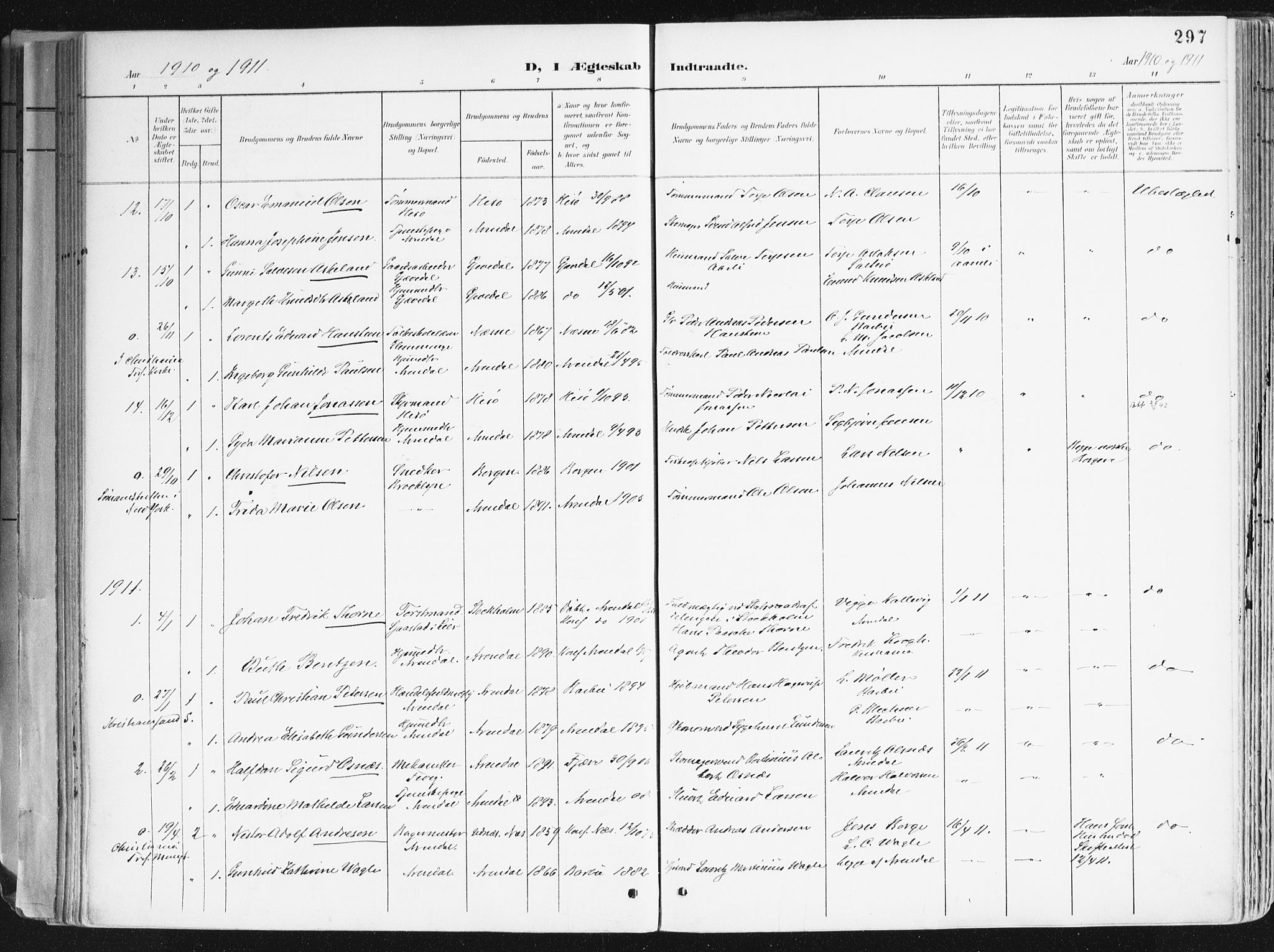 Arendal sokneprestkontor, Trefoldighet, SAK/1111-0040/F/Fa/L0010: Parish register (official) no. A 10, 1900-1919, p. 297