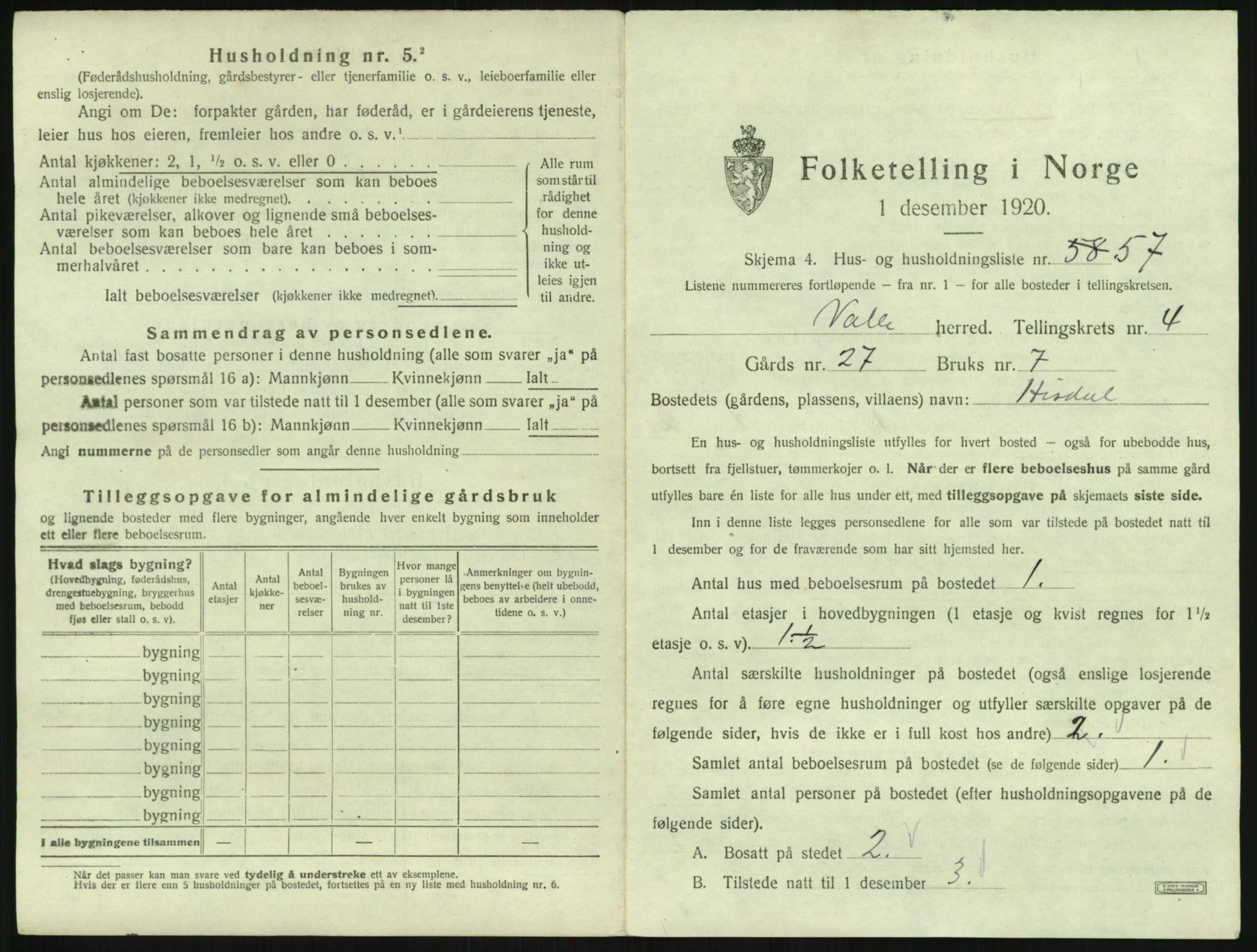 SAK, 1920 census for Valle, 1920, p. 433