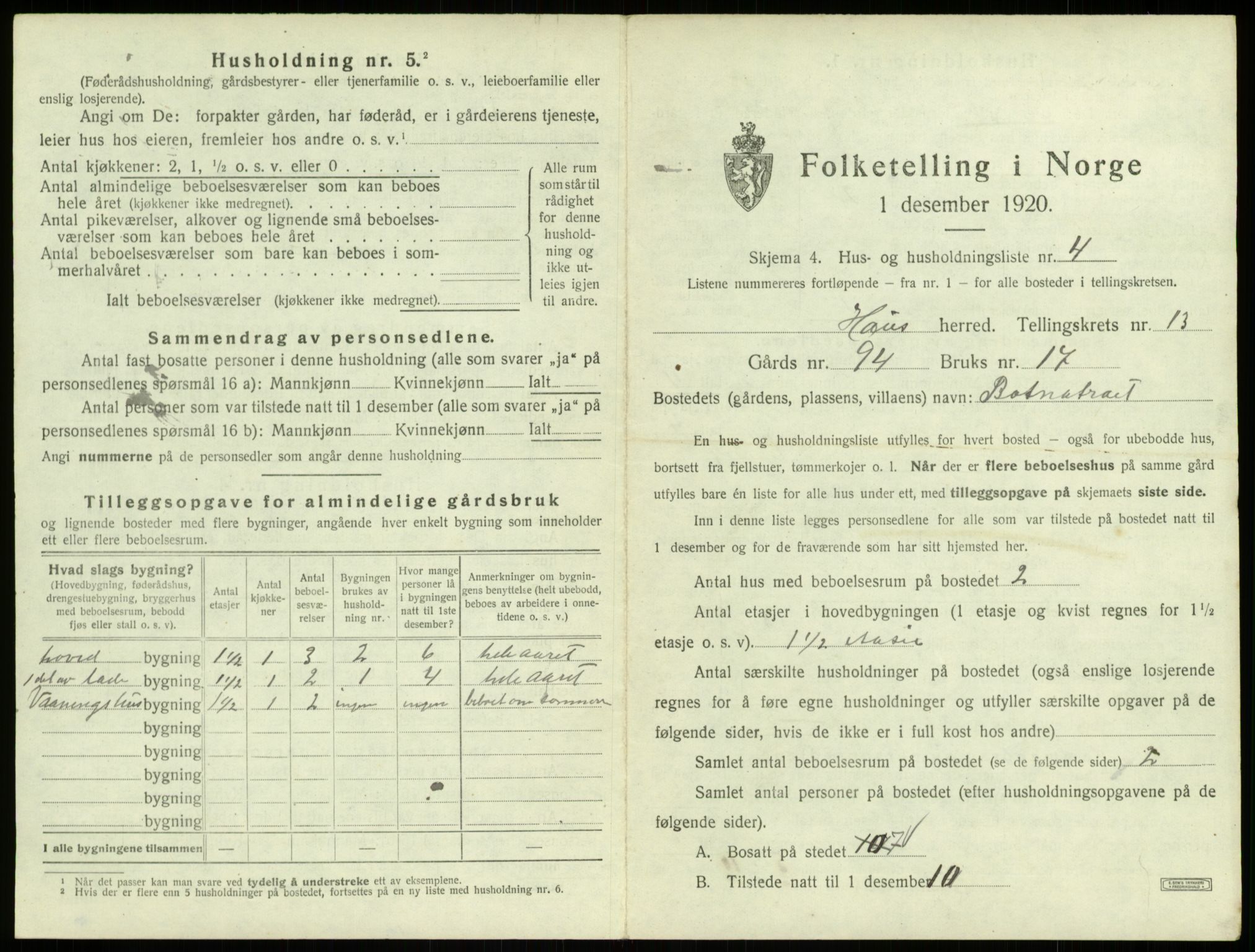 SAB, 1920 census for Haus, 1920, p. 1017