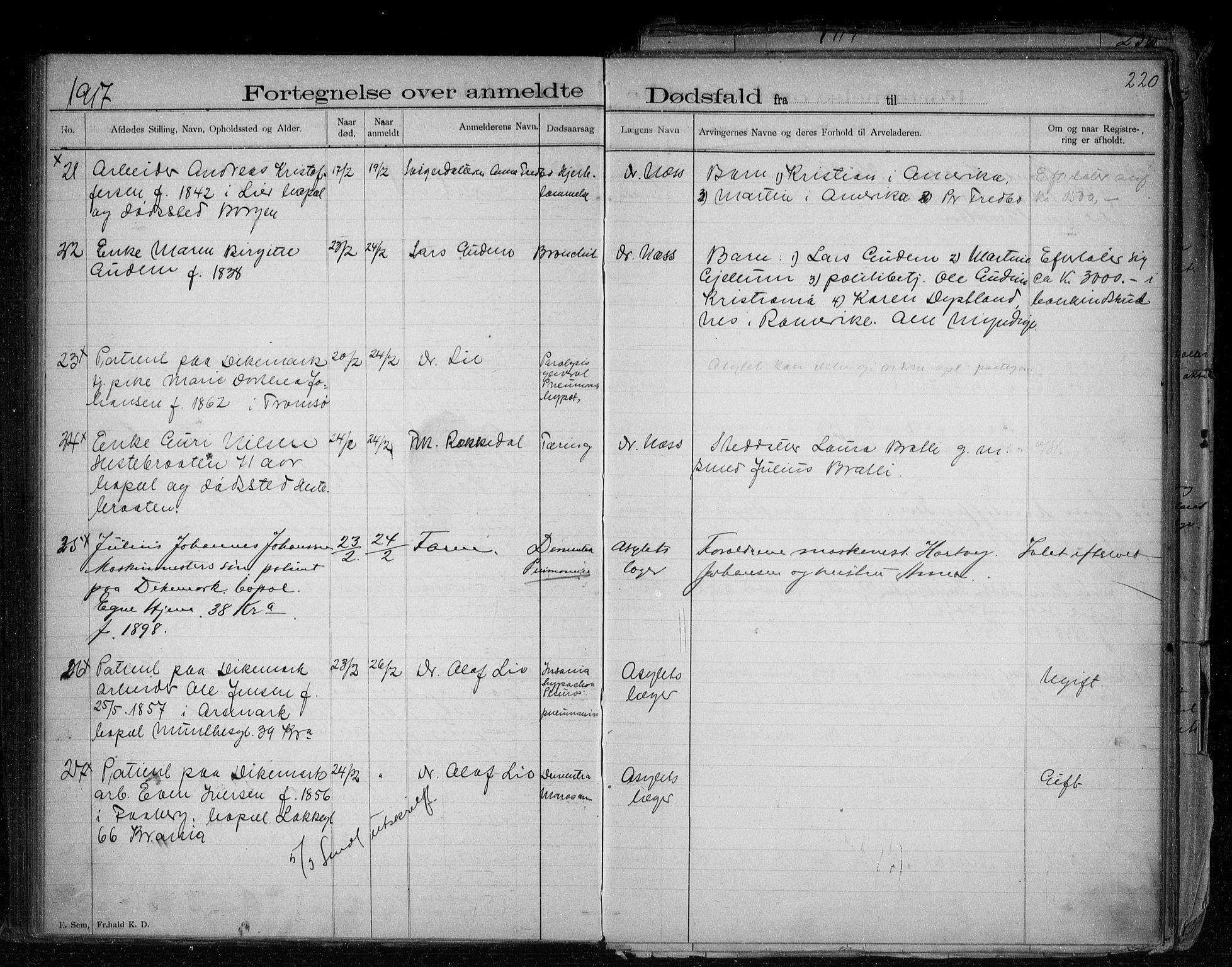 Asker lensmannskontor, SAO/A-10244/H/Ha/Haa/L0001: Dødsanmeldelsesprotokoll, 1896-1920, p. 220