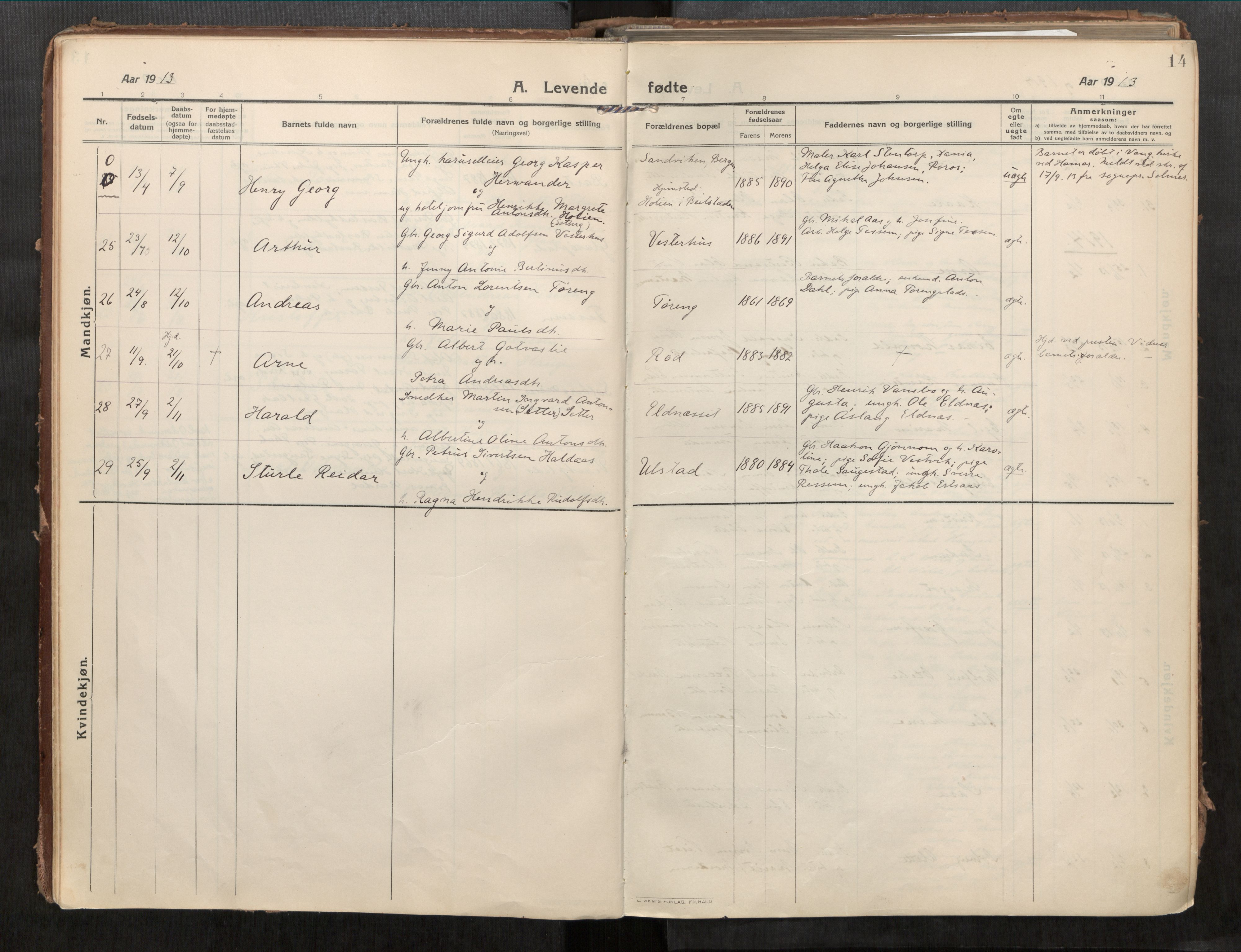 Beitstad sokneprestkontor, AV/SAT-A-1162/I/I1/I1a/L0001: Parish register (official) no. 1, 1912-1927, p. 14