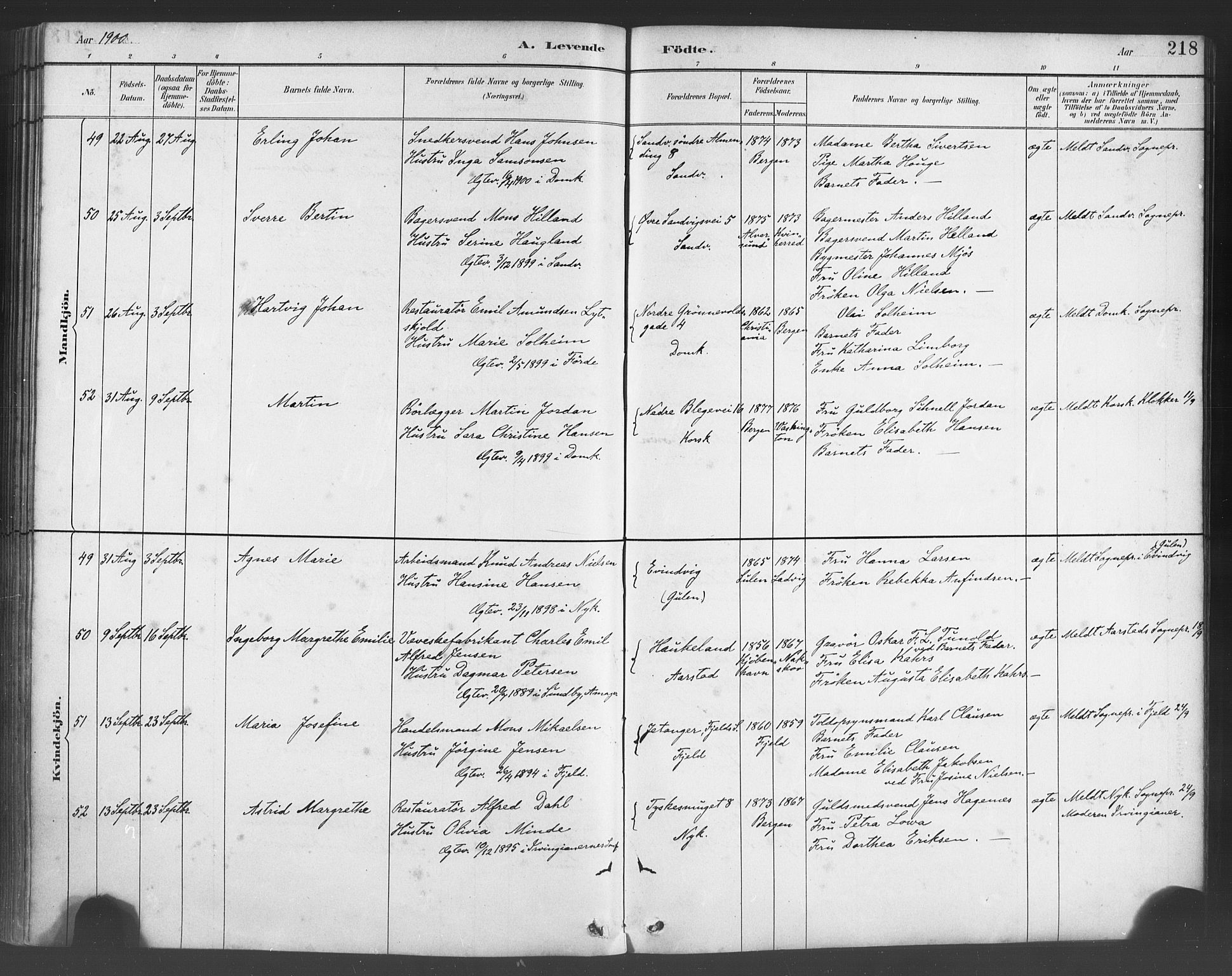 Fødselsstiftelsens sokneprestembete*, SAB/-: Parish register (official) no. A 2, 1884-1900, p. 218