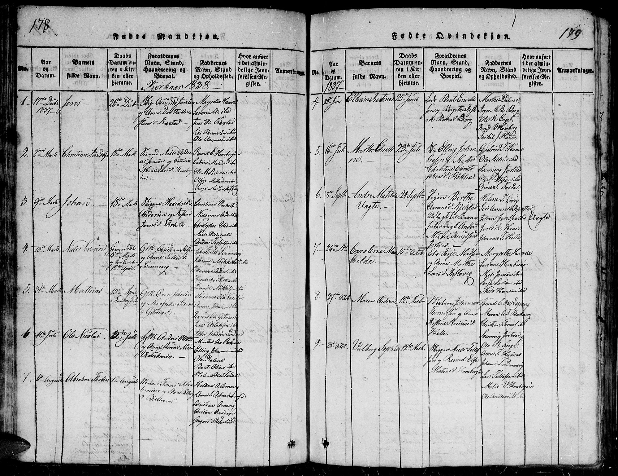 Hommedal sokneprestkontor, AV/SAK-1111-0023/F/Fb/Fbb/L0003: Parish register (copy) no. B 3 /2, 1816-1850, p. 178-179