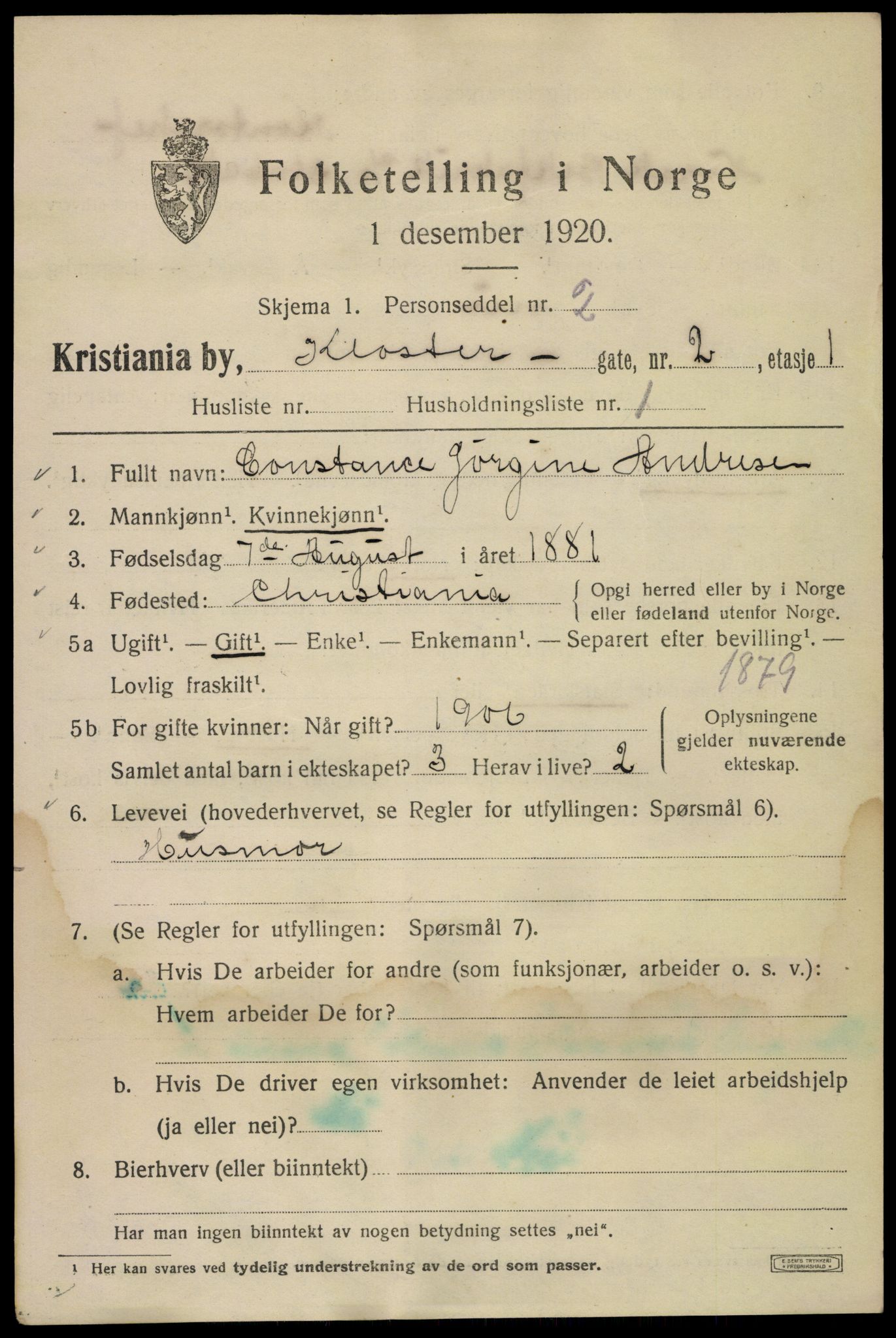 SAO, 1920 census for Kristiania, 1920, p. 344969