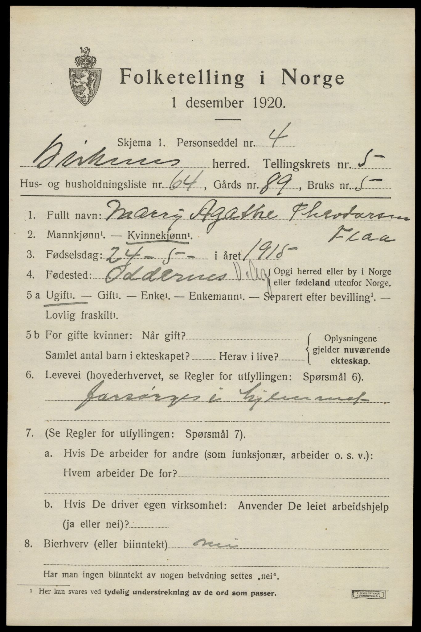 SAK, 1920 census for Birkenes, 1920, p. 3711