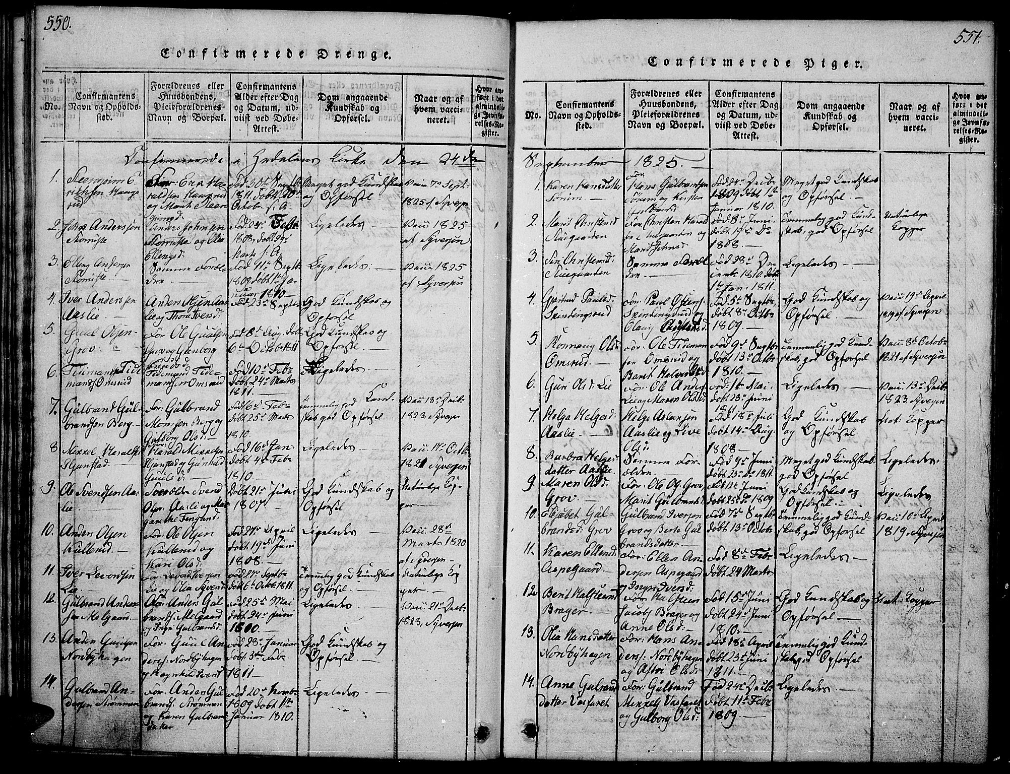 Sør-Aurdal prestekontor, SAH/PREST-128/H/Ha/Hab/L0001: Parish register (copy) no. 1, 1815-1826, p. 550-551