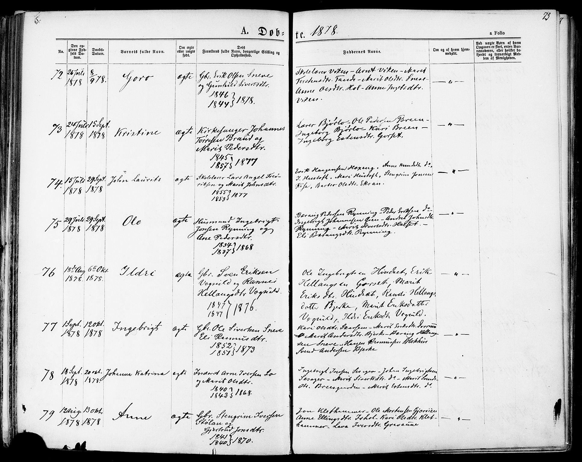 Ministerialprotokoller, klokkerbøker og fødselsregistre - Sør-Trøndelag, AV/SAT-A-1456/678/L0900: Parish register (official) no. 678A09, 1872-1881, p. 73