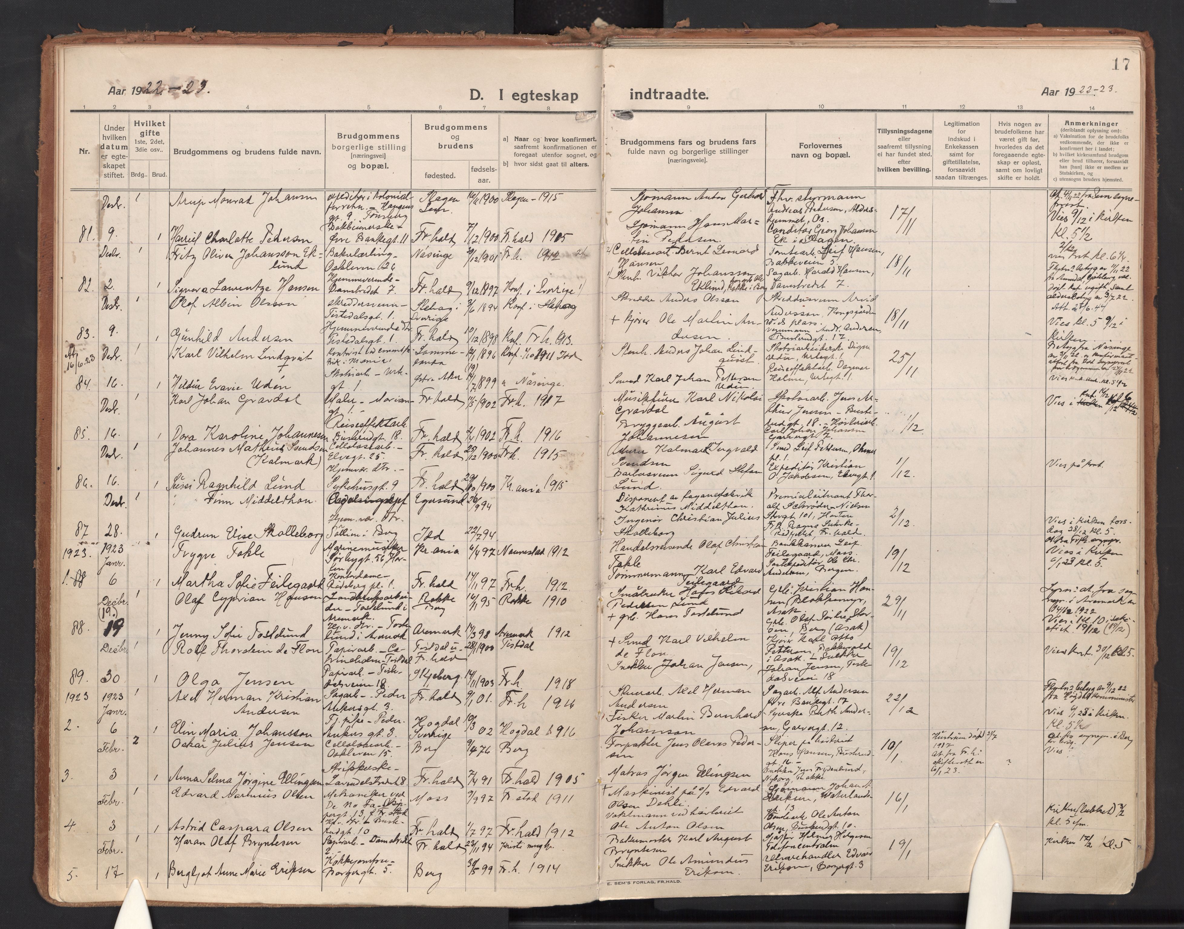 Halden prestekontor Kirkebøker, SAO/A-10909/F/Fa/L0017: Parish register (official) no. I 17, 1921-1945, p. 17
