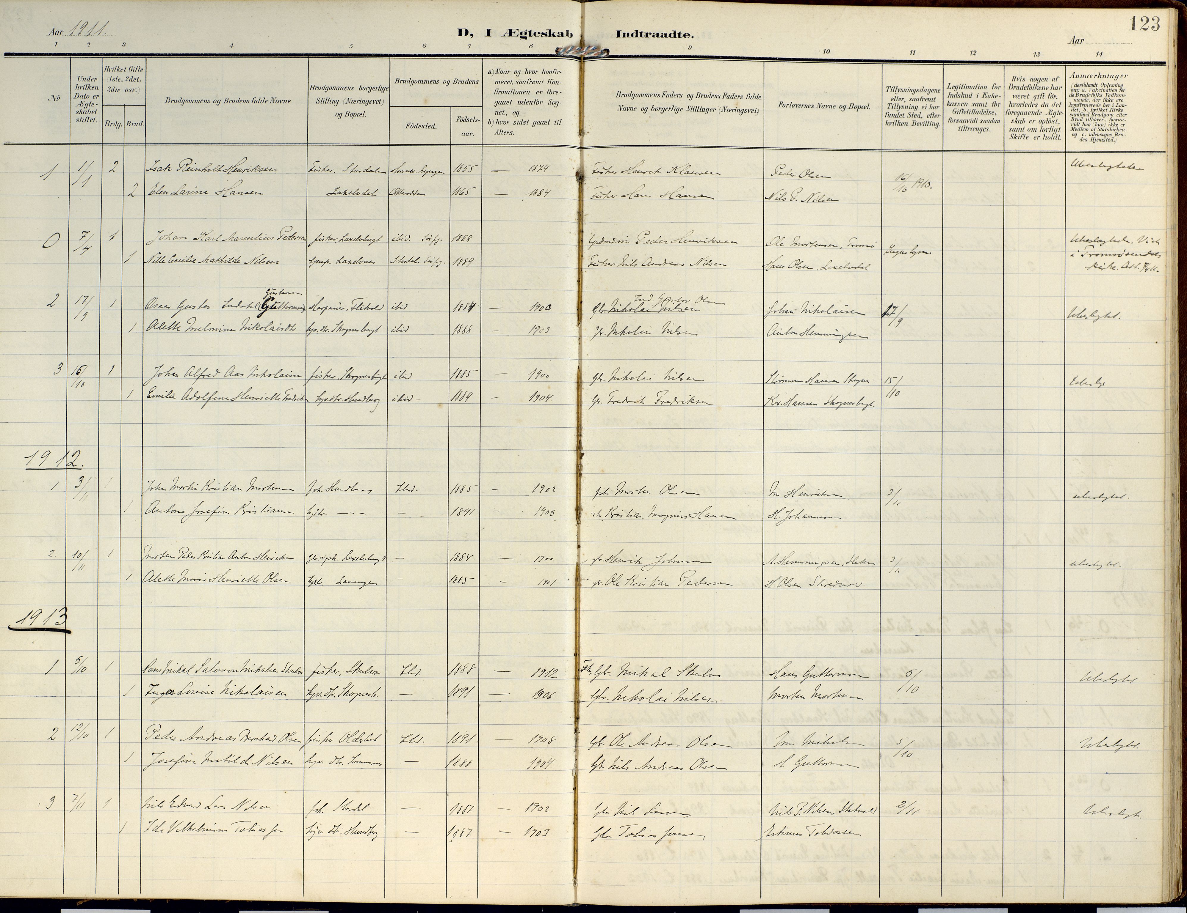 Lyngen sokneprestembete, SATØ/S-1289/H/He/Hea/L0014kirke: Parish register (official) no. 14, 1905-1920, p. 123