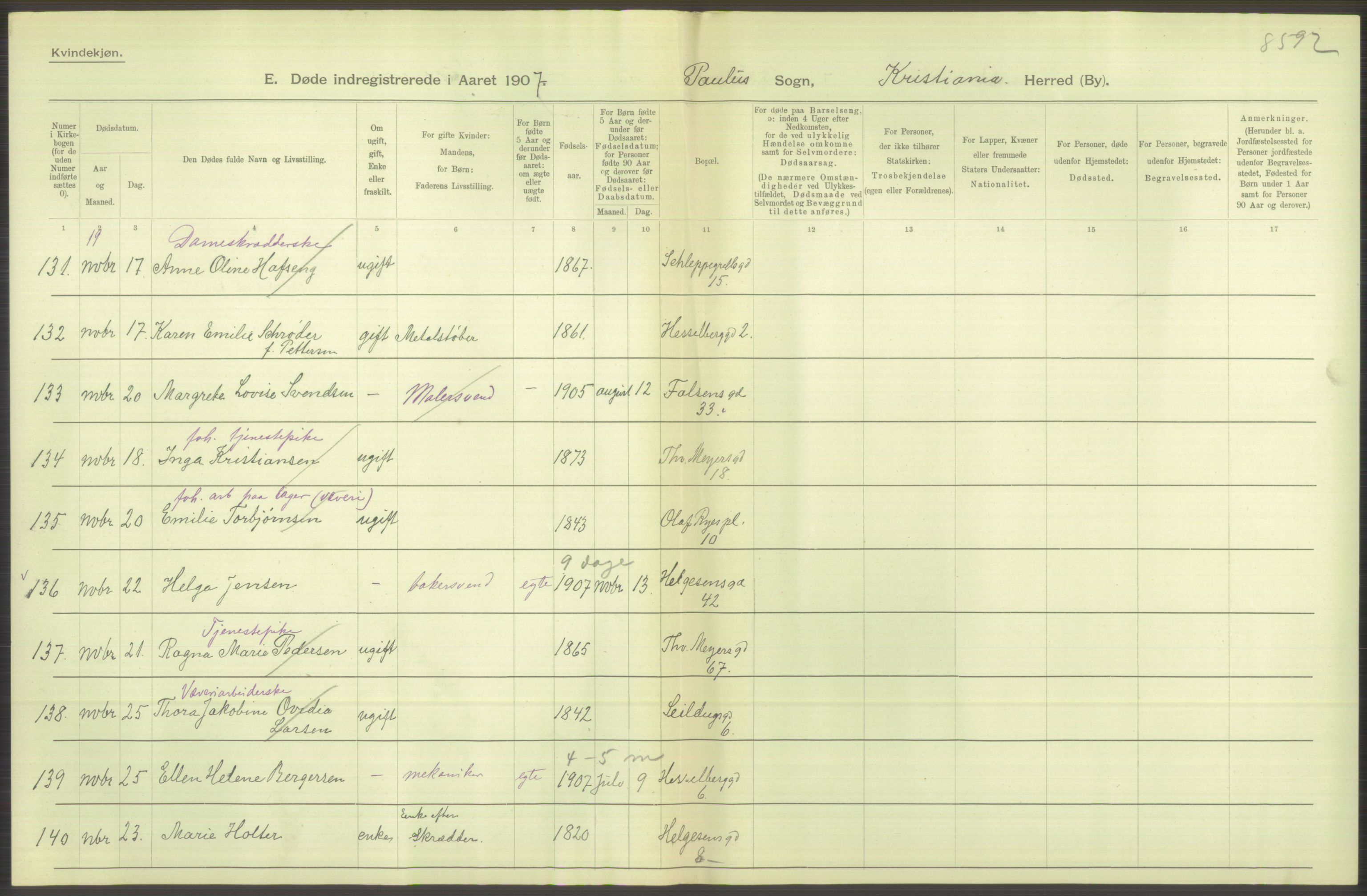 Statistisk sentralbyrå, Sosiodemografiske emner, Befolkning, AV/RA-S-2228/D/Df/Dfa/Dfae/L0009: Kristiania: Døde, 1907, p. 378