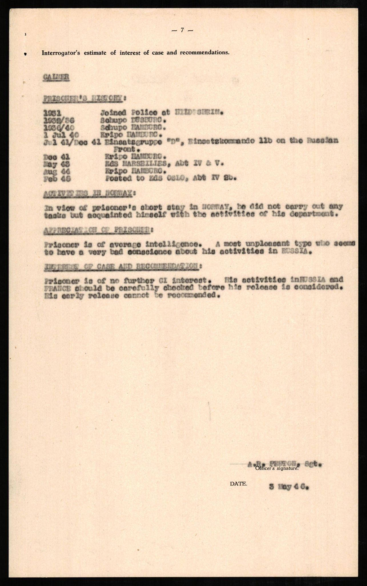 Forsvaret, Forsvarets overkommando II, AV/RA-RAFA-3915/D/Db/L0005: CI Questionaires. Tyske okkupasjonsstyrker i Norge. Tyskere., 1945-1946, p. 191