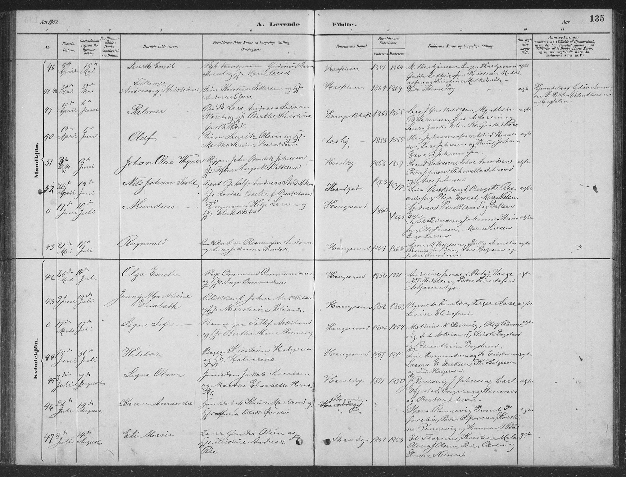 Haugesund sokneprestkontor, AV/SAST-A -101863/H/Ha/Hab/L0002: Parish register (copy) no. B 2, 1881-1894, p. 135